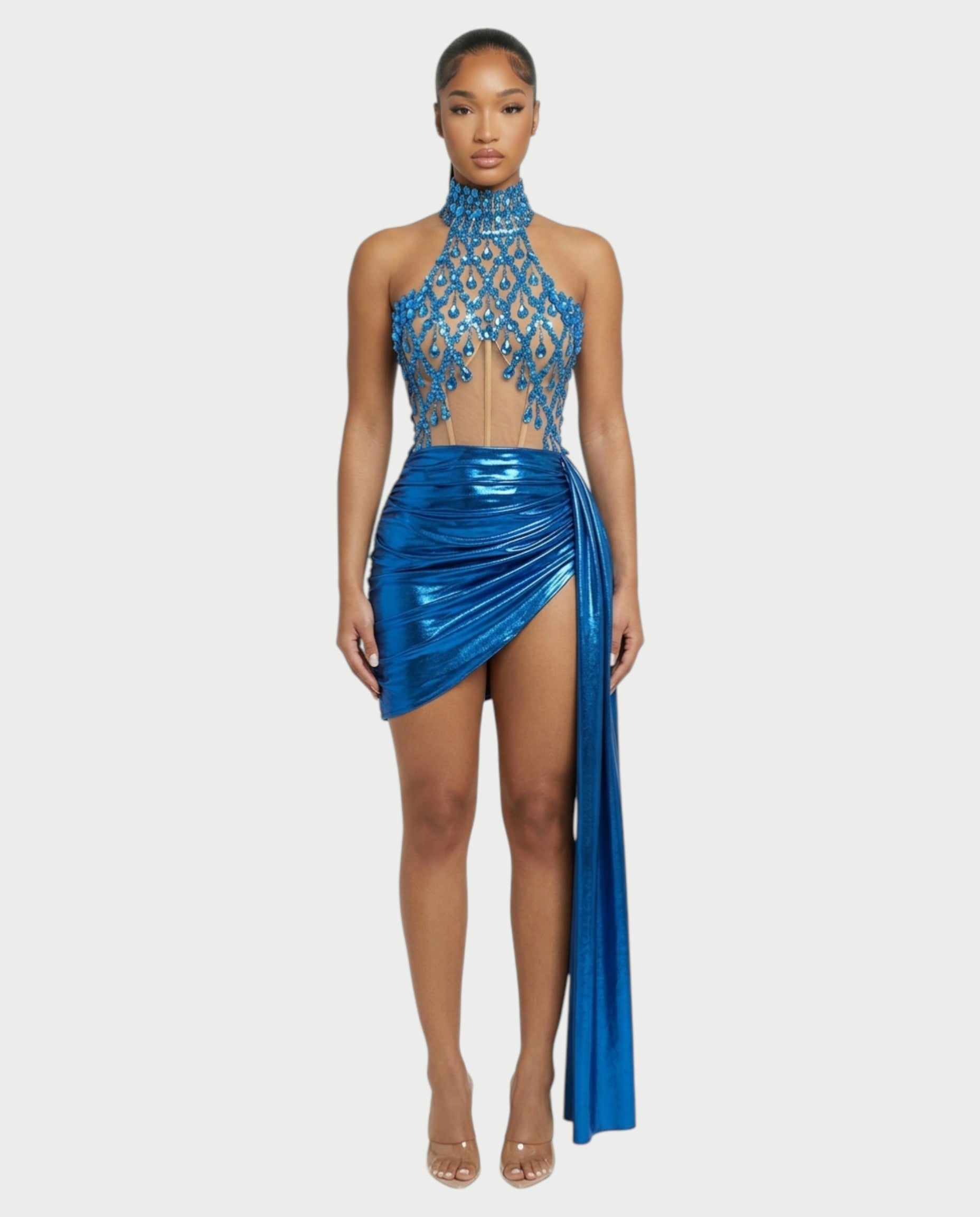 KRISTINE Crystal Embellished High Neck Mini Dress