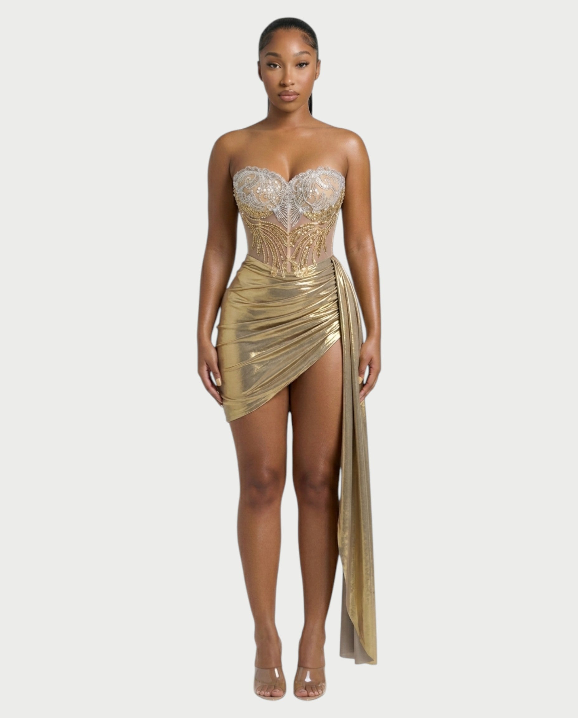 VIONE Strapless Embroidered Corset Mini Dress