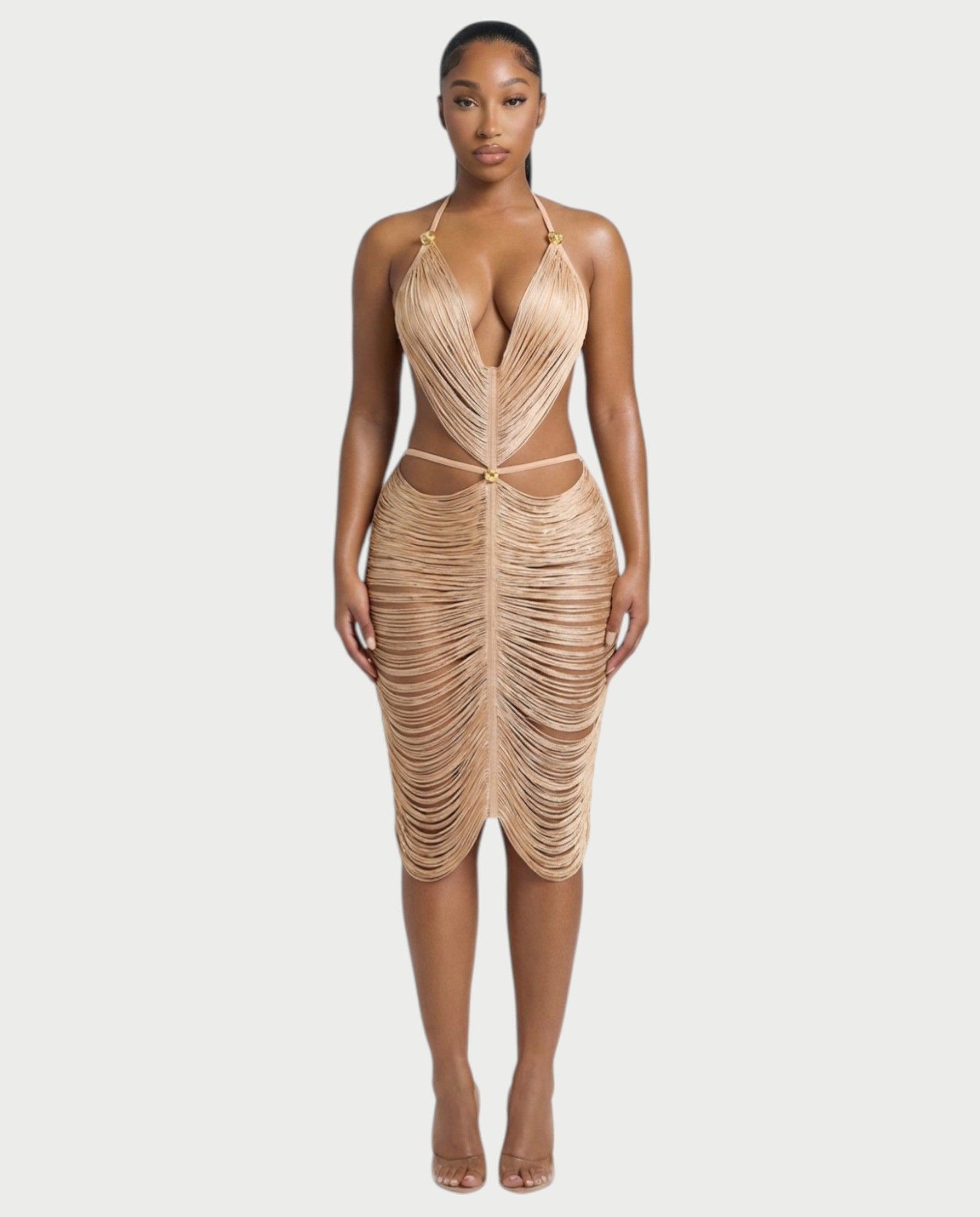 CALPER Tassel Draped Halter Midi Dress