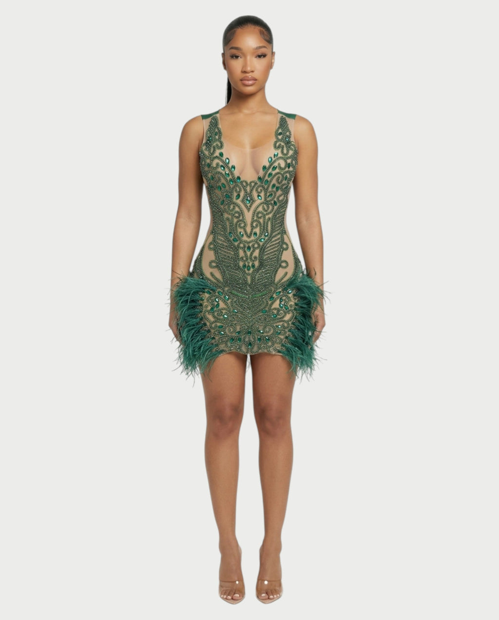 DARIA Emerald Crystal Feather Trim Mini Dress