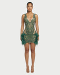 DARIA Emerald Crystal Feather Trim Mini Dress