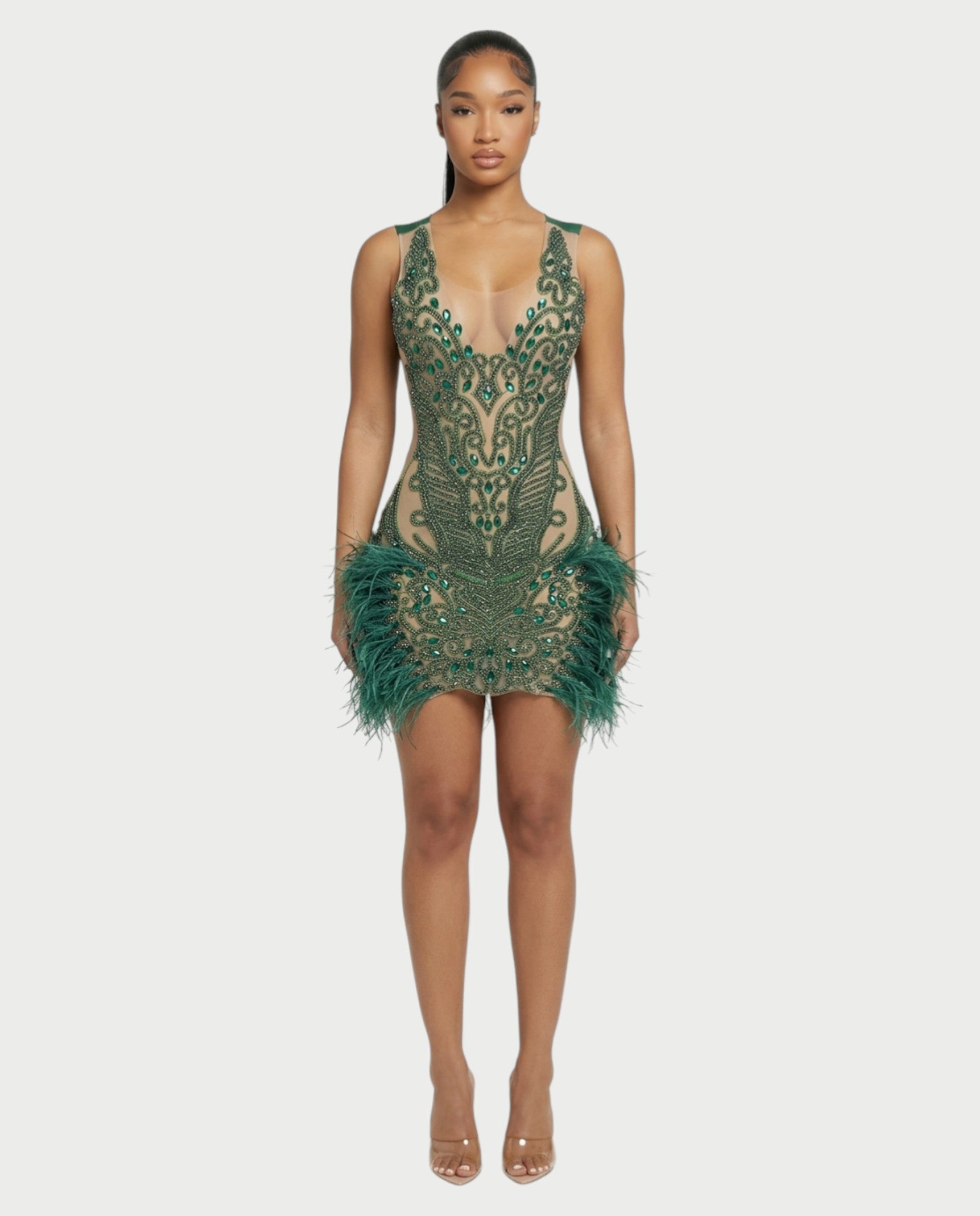 DARIA Emerald Crystal Feather Trim Mini Dress