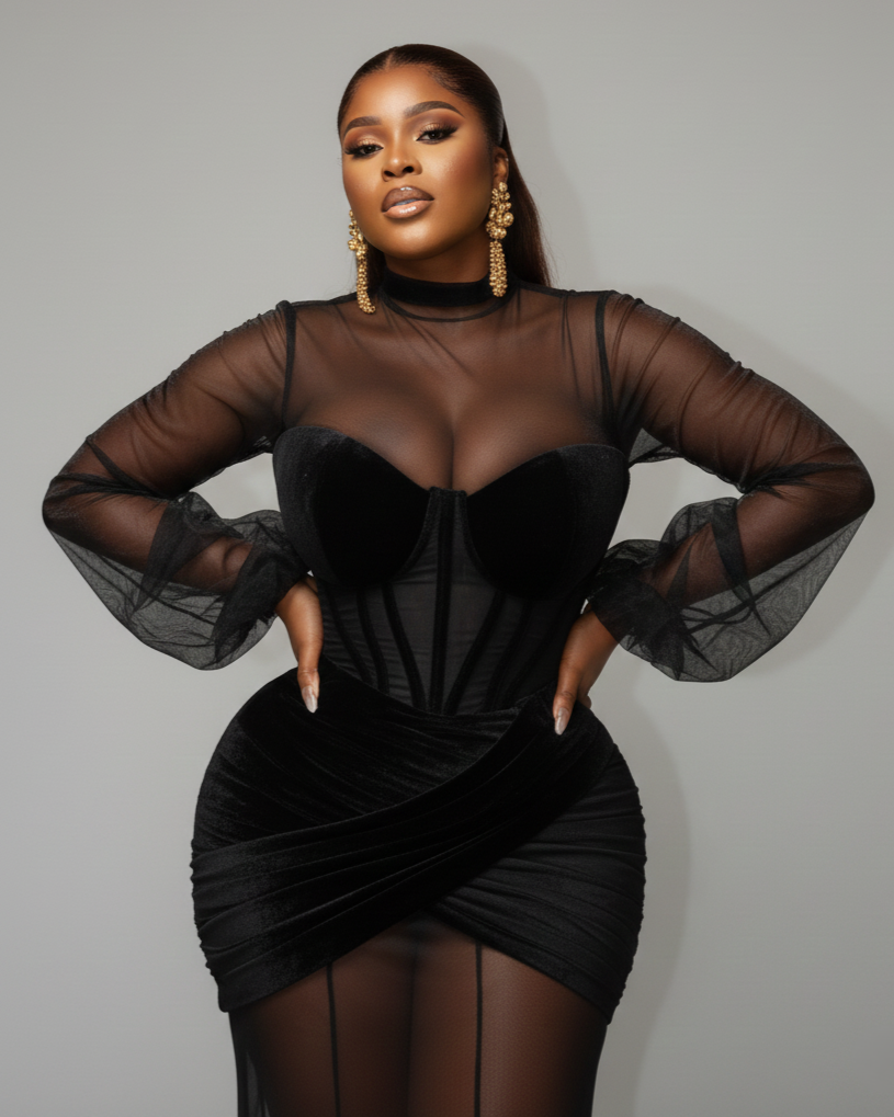 AMINA Mesh Corset Ruched Maxi Dress