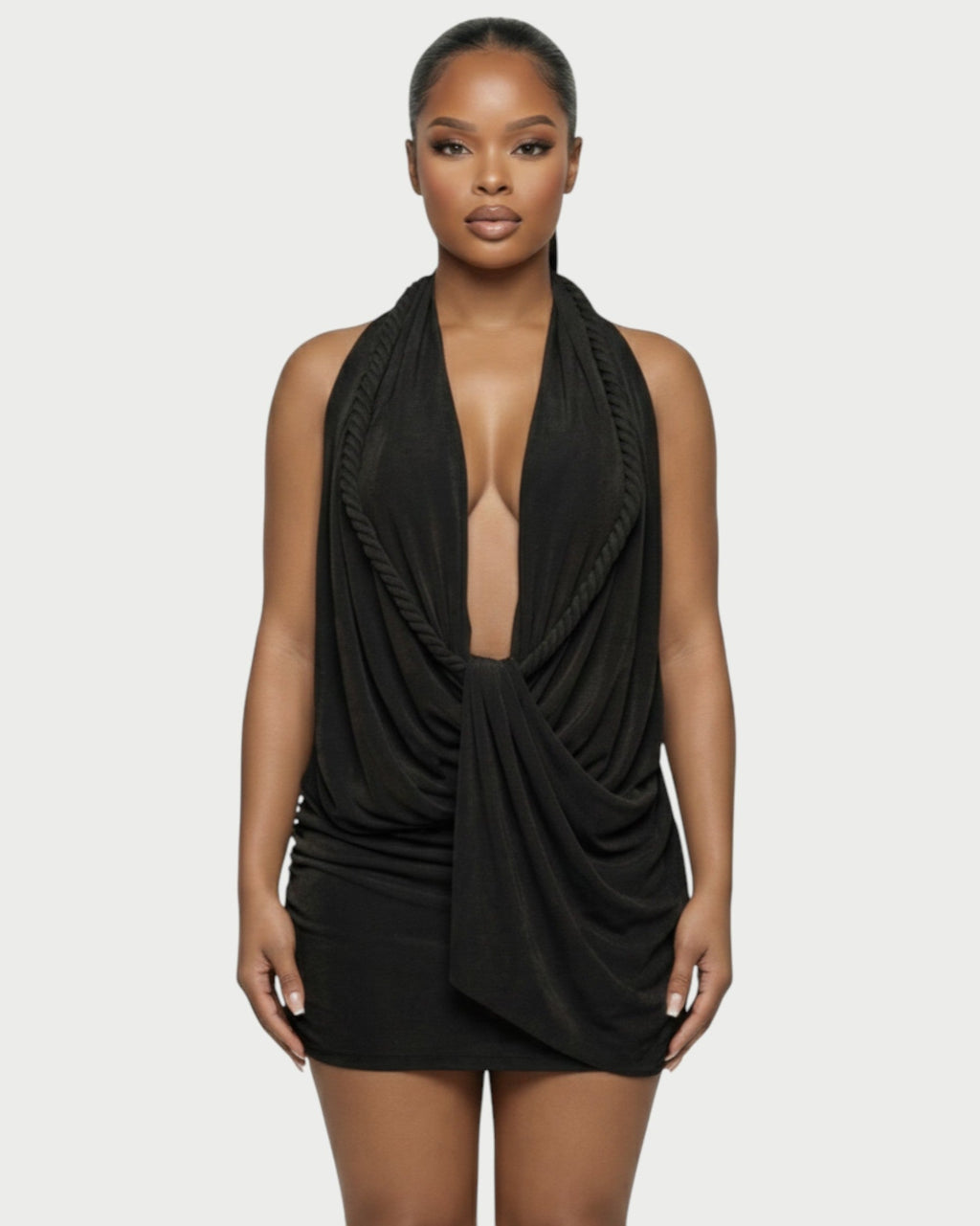 SIONA Rope Trim Draped Halter Mini Dress