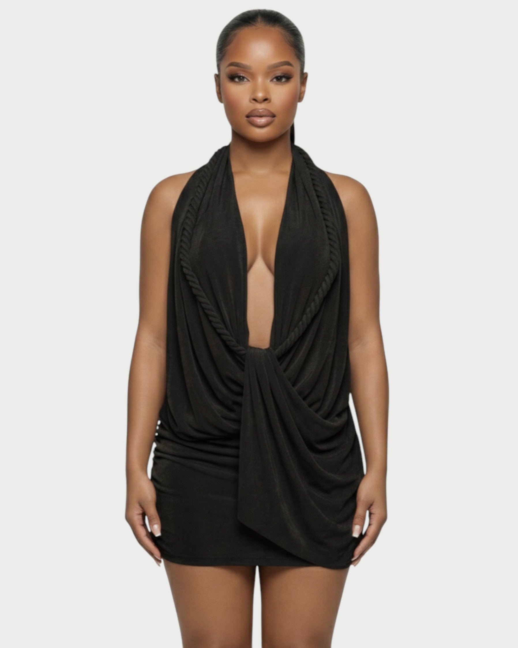 SIONA Rope Trim Draped Halter Mini Dress