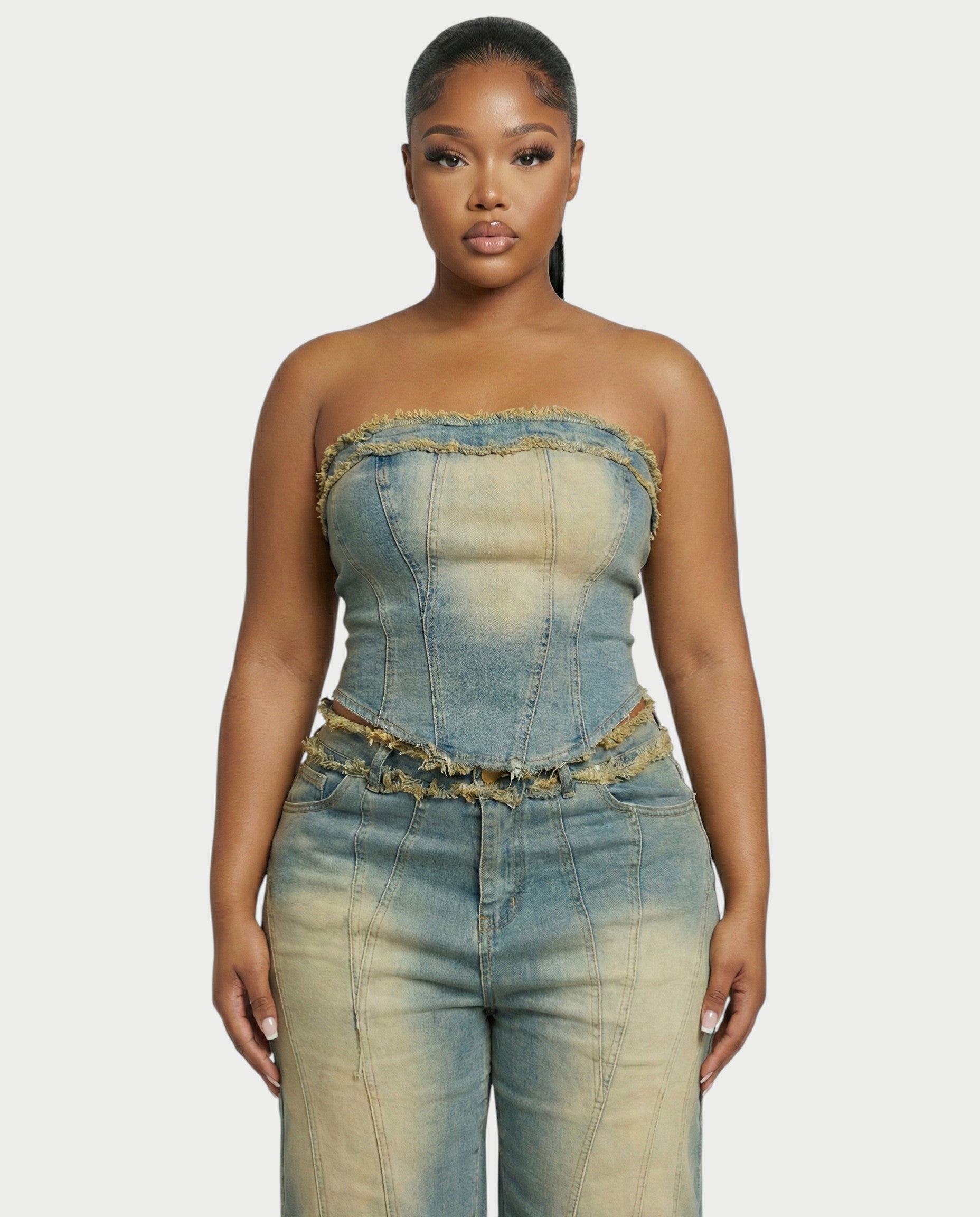 ZYNE Washed Denim Tube Top & Bermuda Shorts Set