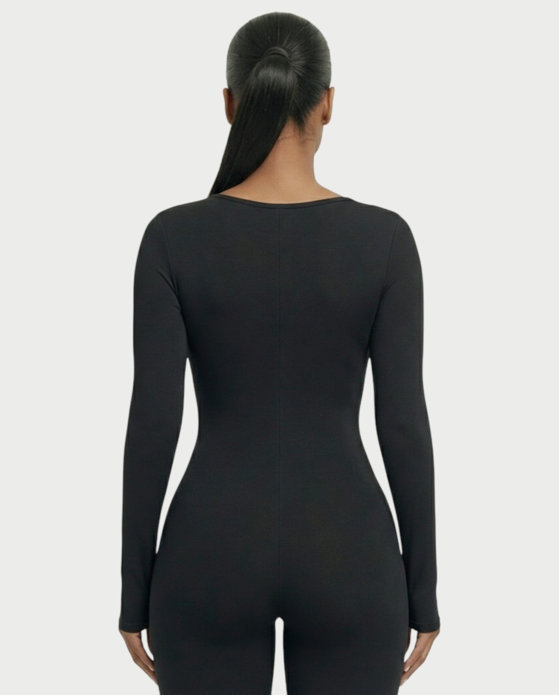 HINNA Plunge Neck Long Sleeve Jumpsuit