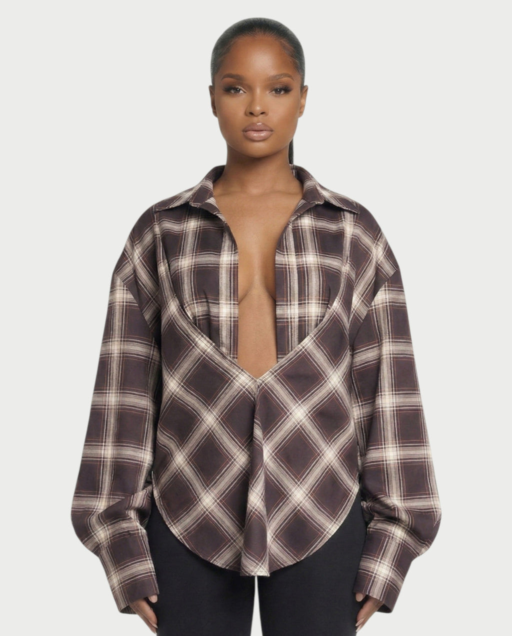 GENNA Oversized High Slit Hem Plaid Top