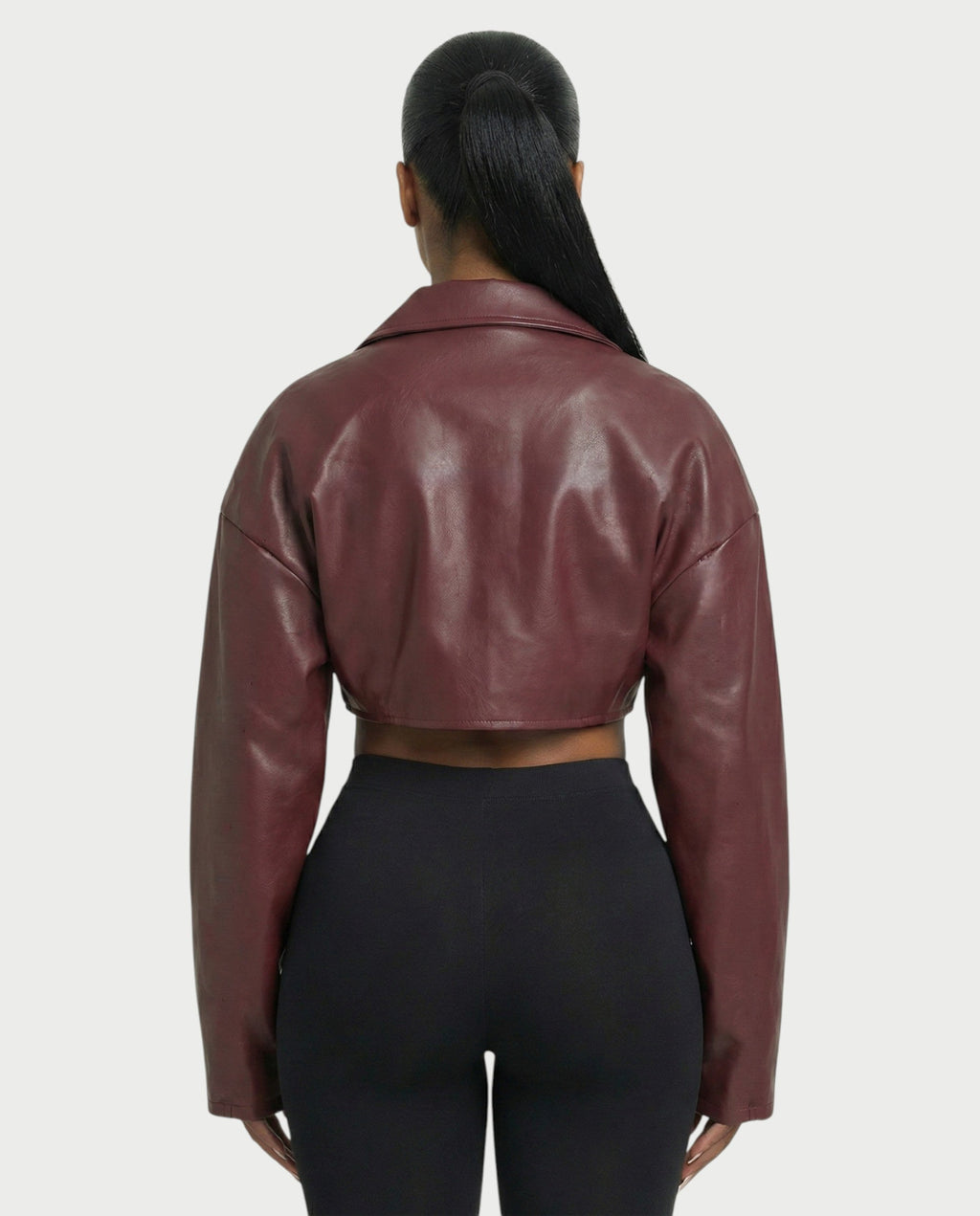 NIVIA Deep V Lapel Cropped Faux Leather Jacket