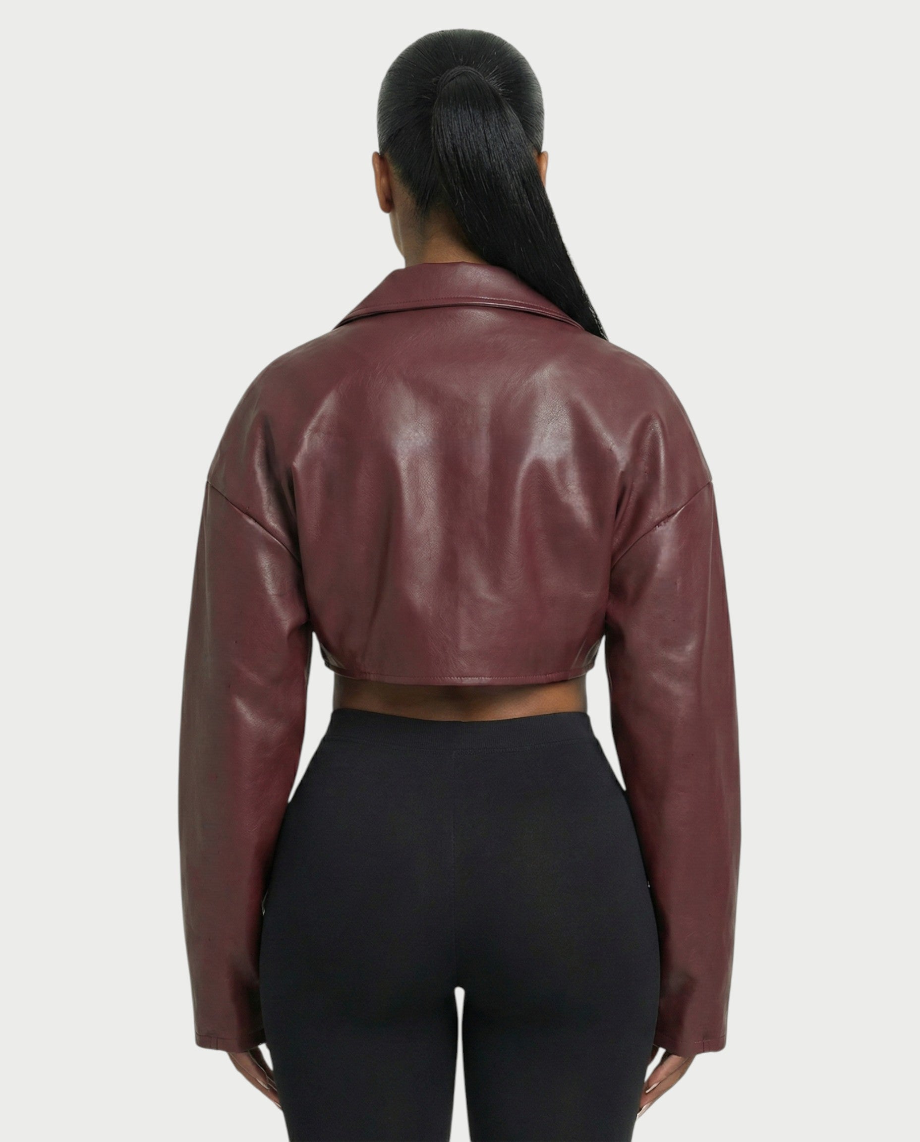 NIVIA Deep V Lapel Cropped Faux Leather Jacket