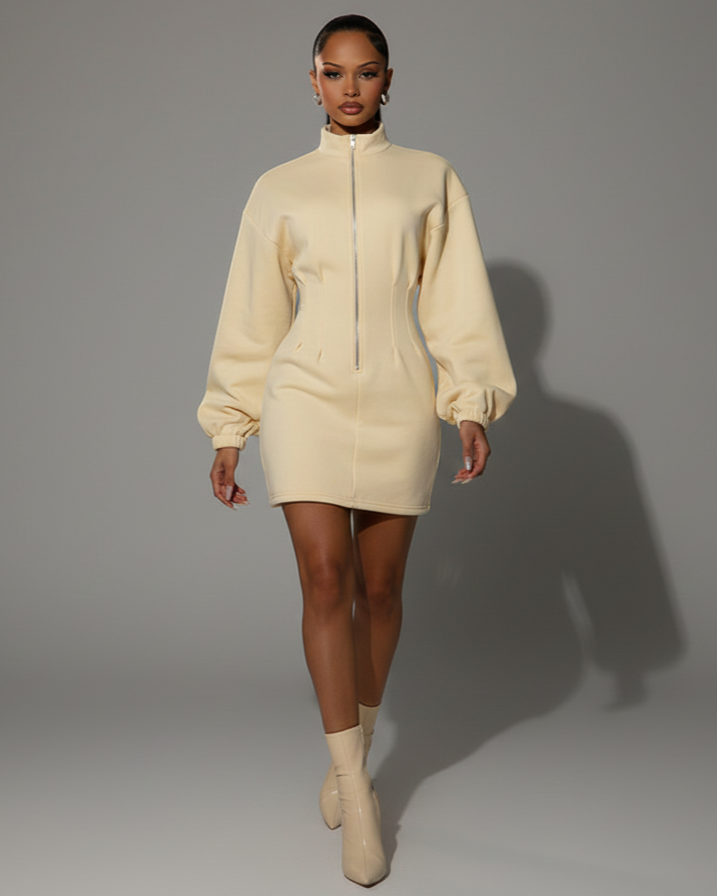 RINNA Zip Front Mock-Neck Jumper Dress