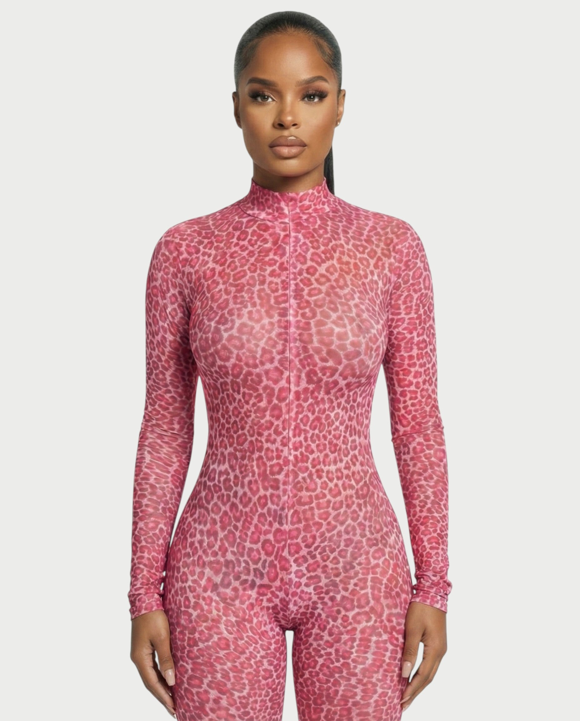 KHIONE Leopard Print Mock Neck Jumpsuit