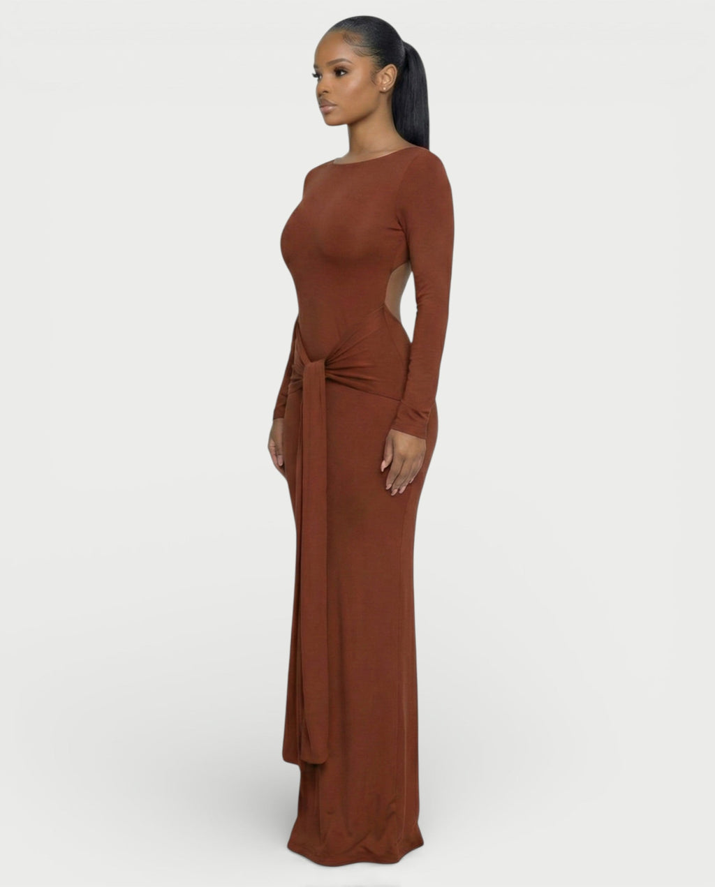RENNA Draped Front Knot Backless Maxi Dress