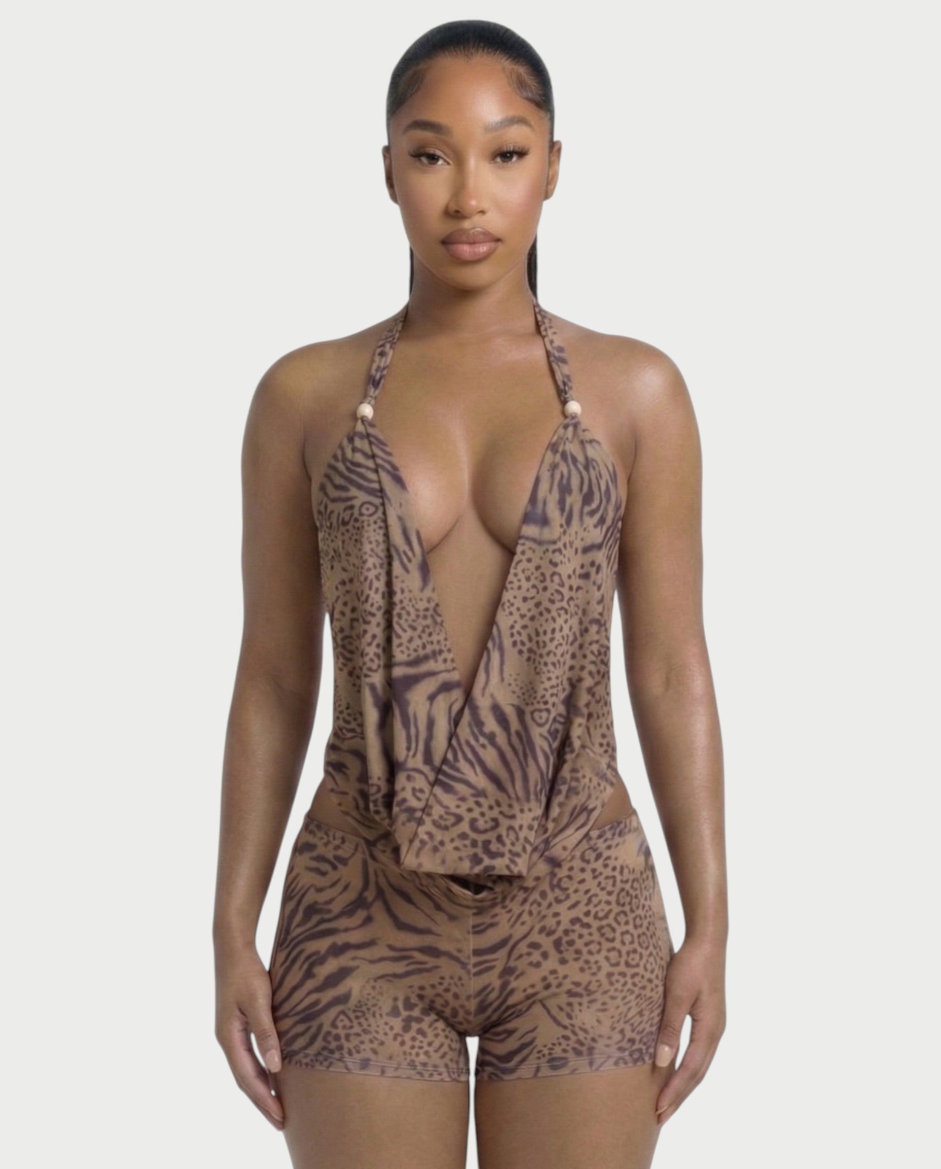 LARIMA Draped Halter Tie-Back Top & Bodycon Shorts Set