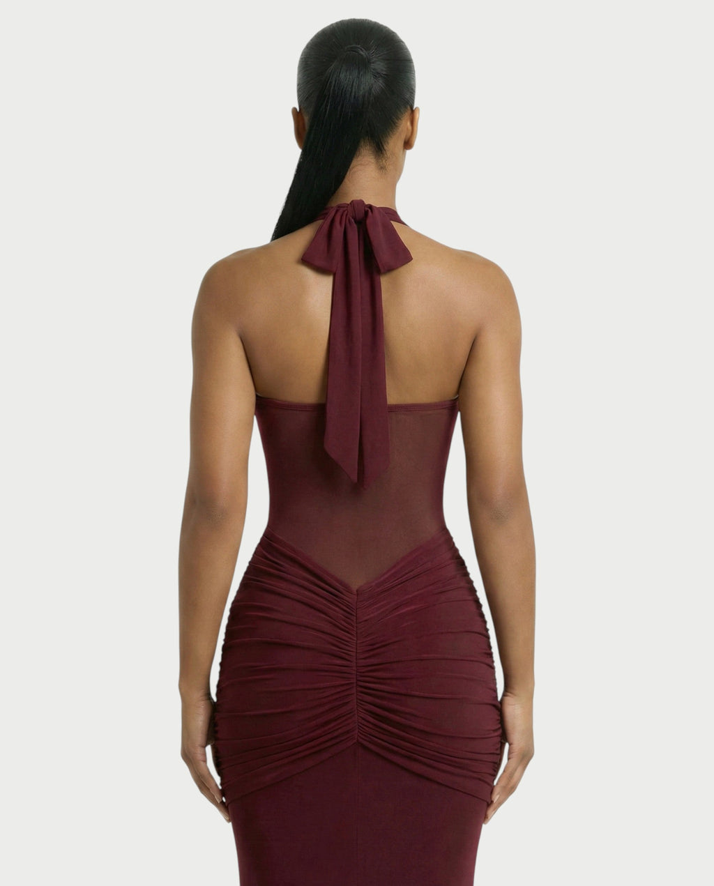 ALLEYA Halterneck Ruched Mesh Panel Maxi Dress