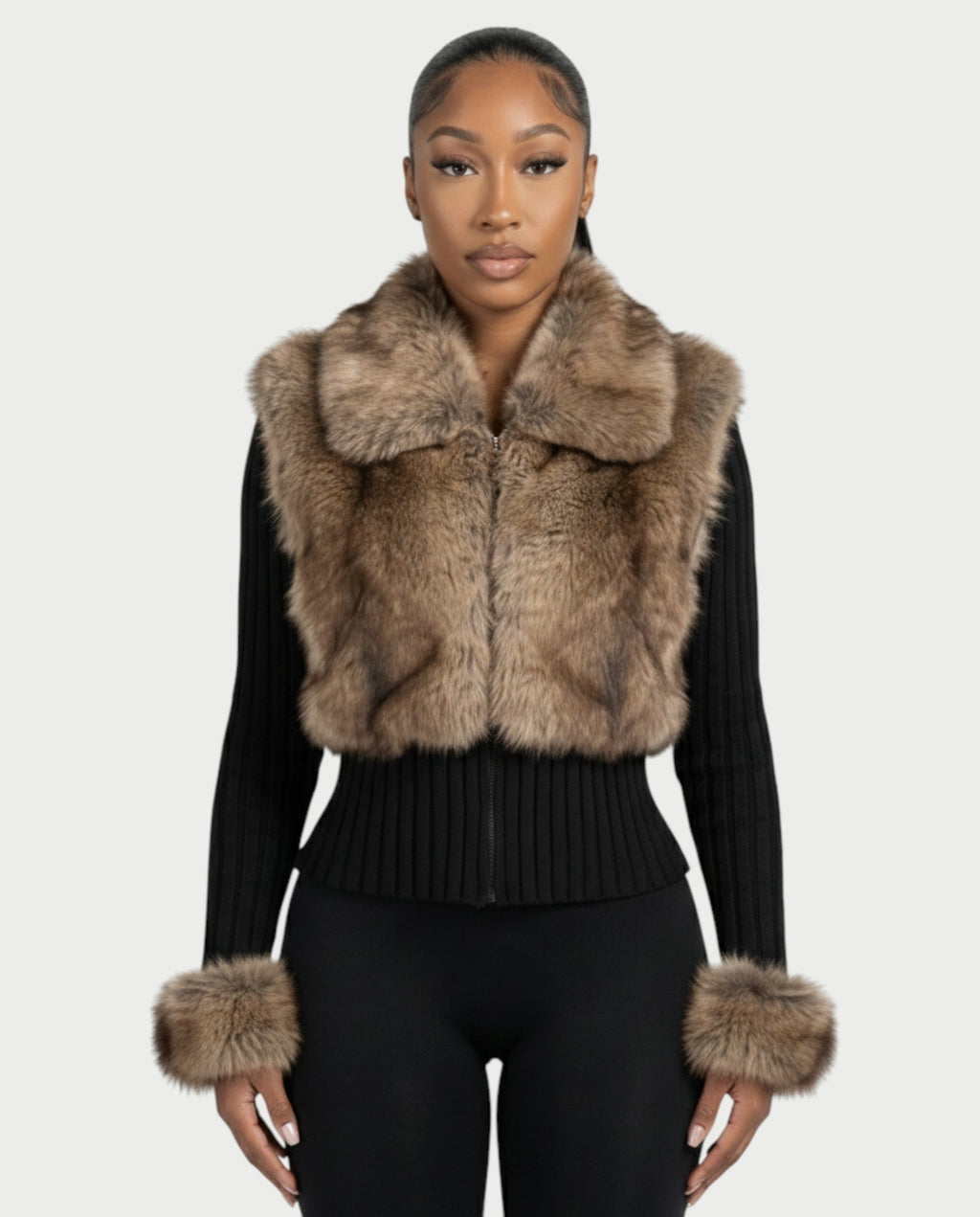 TRINAYA Faux Fur Trim Ribbed Knit Jumper
