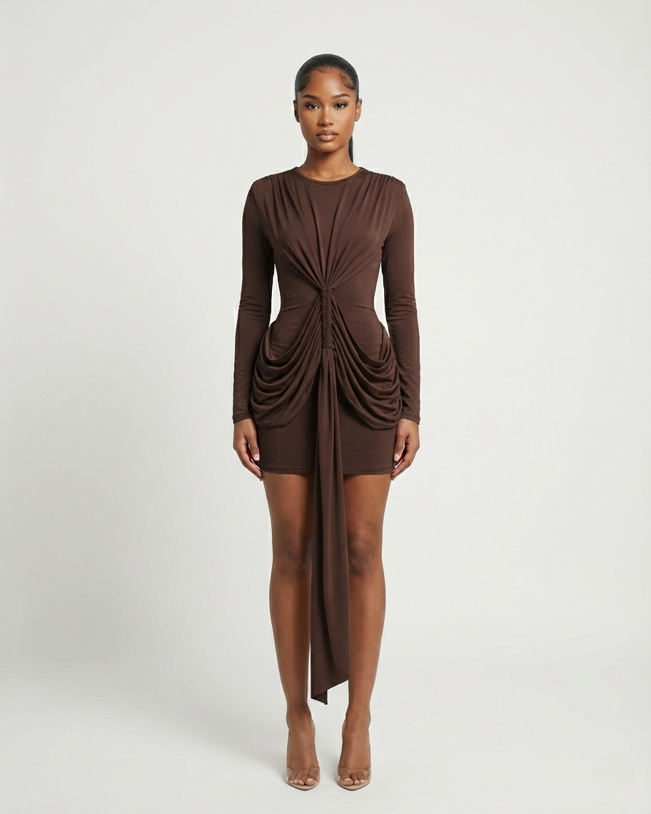 ORIYA Front Knot Long-Sleeve Mini Dress