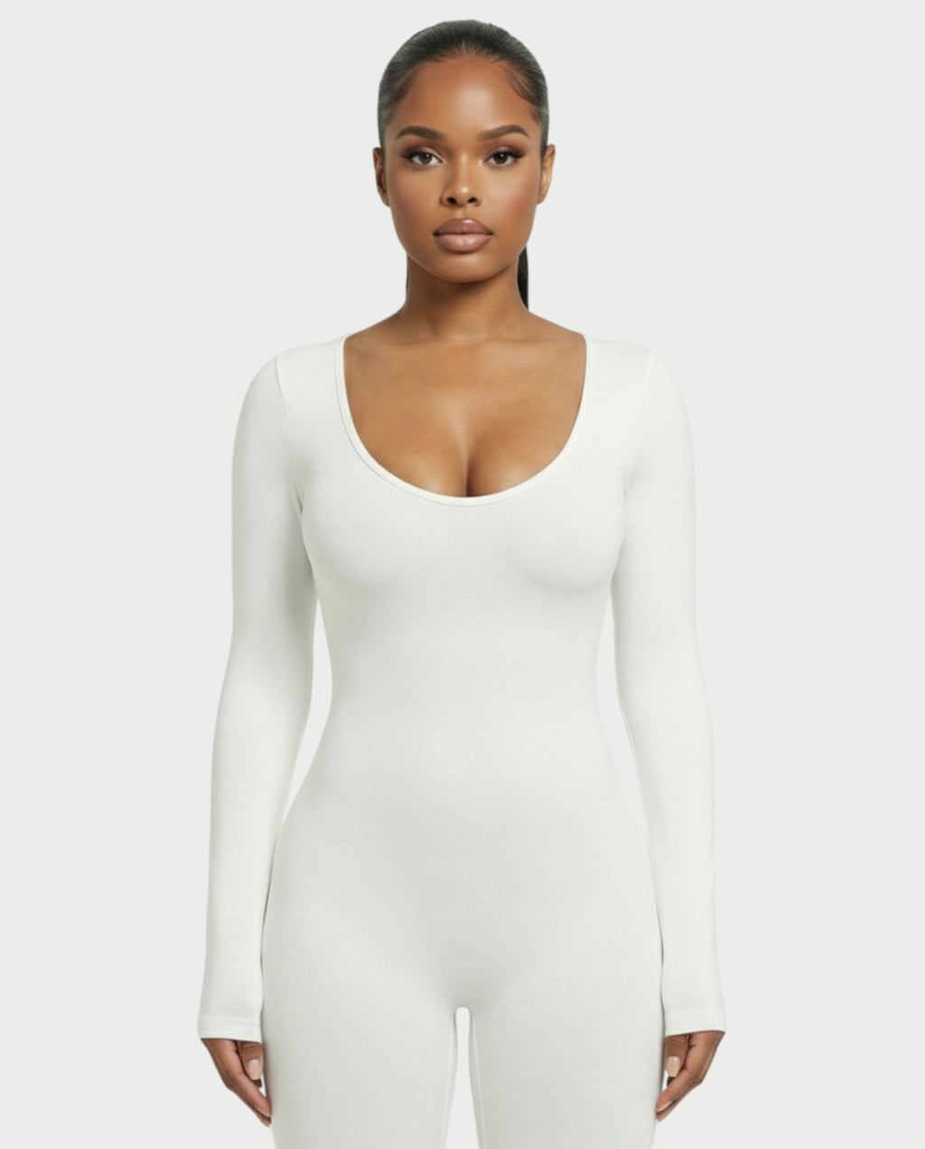 HINNA Plunge Neck Long Sleeve Jumpsuit