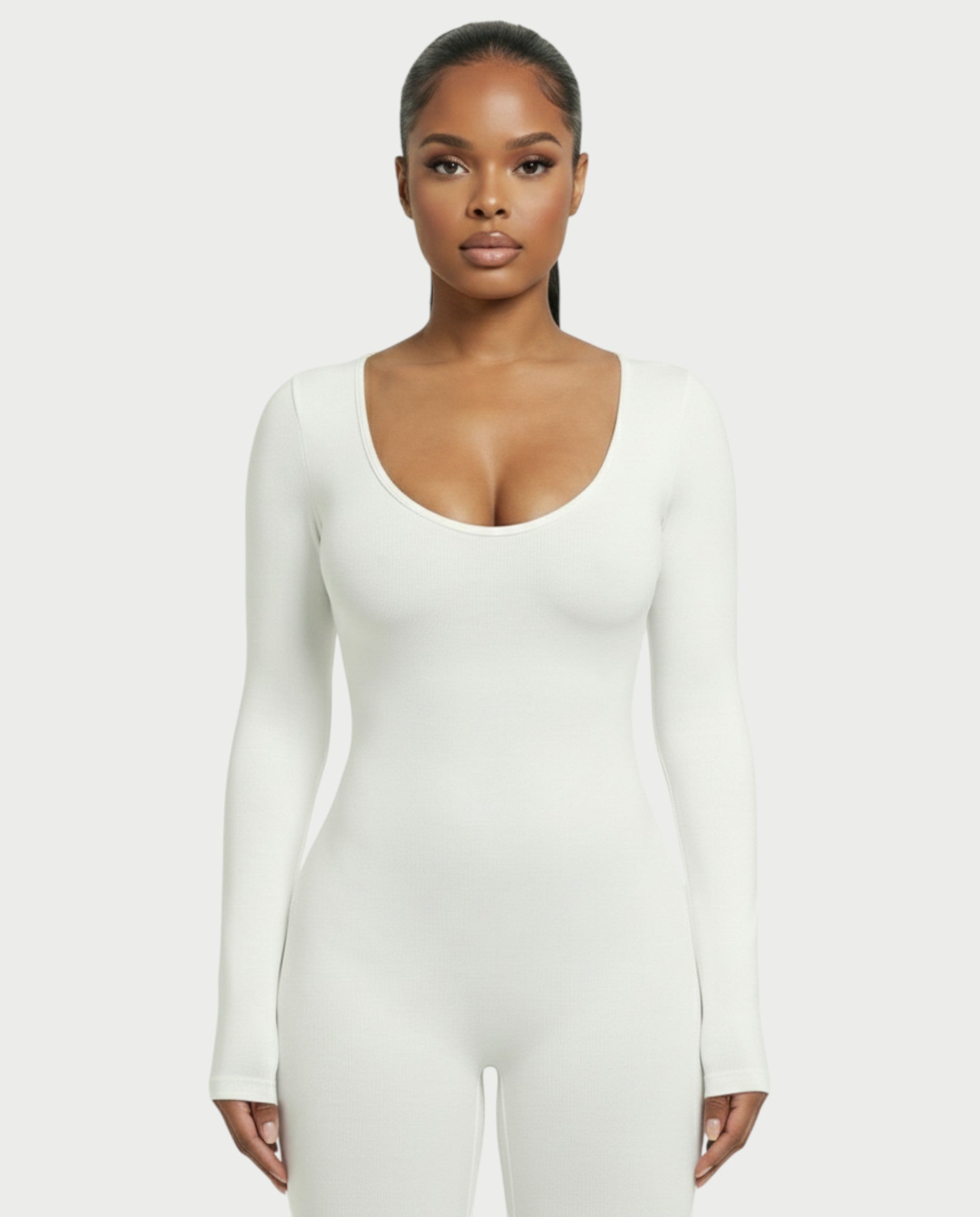 HINNA Plunge Neck Long Sleeve Jumpsuit