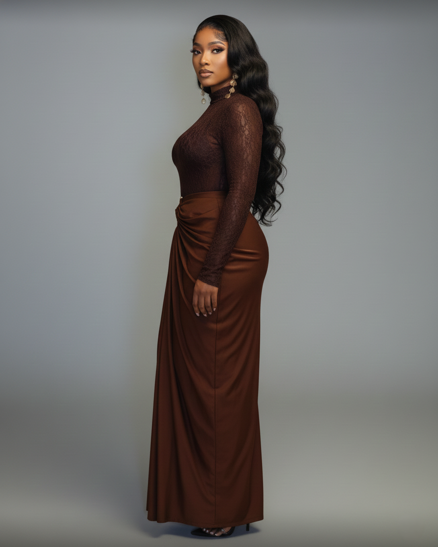 SUNNA High-Neck Sheer Lace Maxi Dress