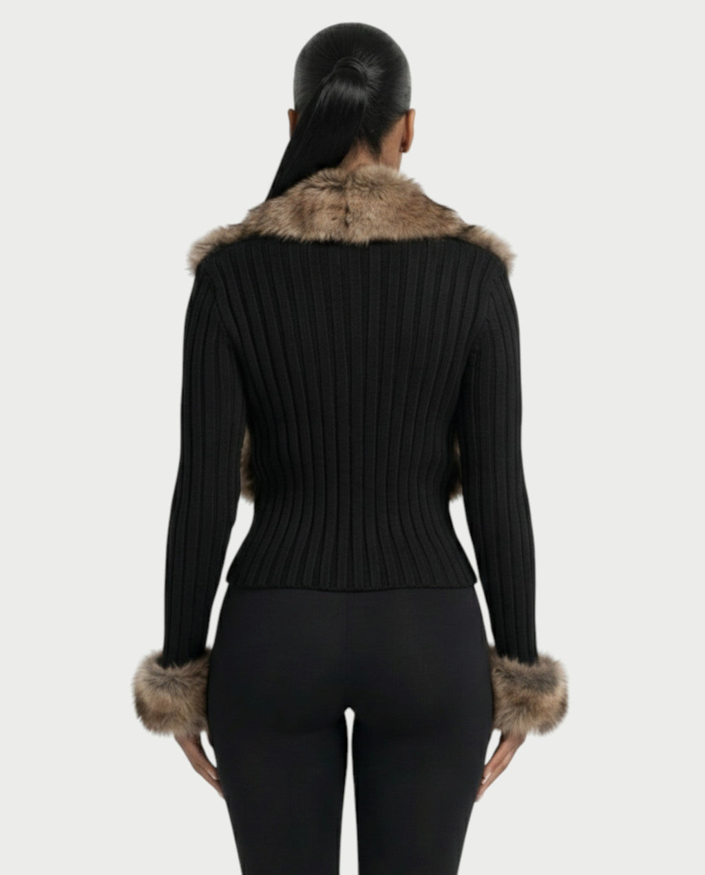 TRINAYA Faux Fur Trim Ribbed Knit Jumper