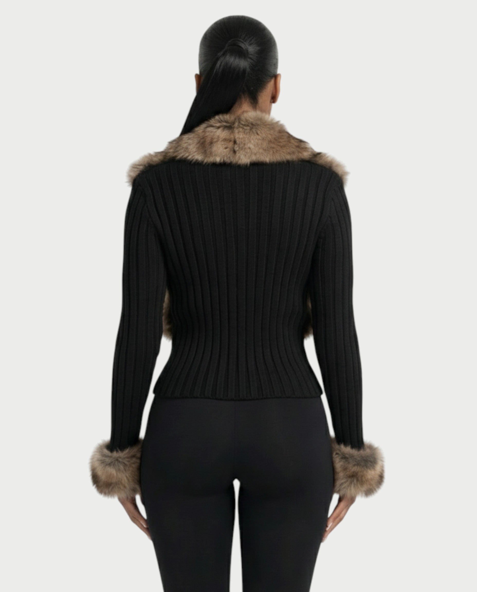 TRINAYA Faux Fur Trim Ribbed Knit Jumper