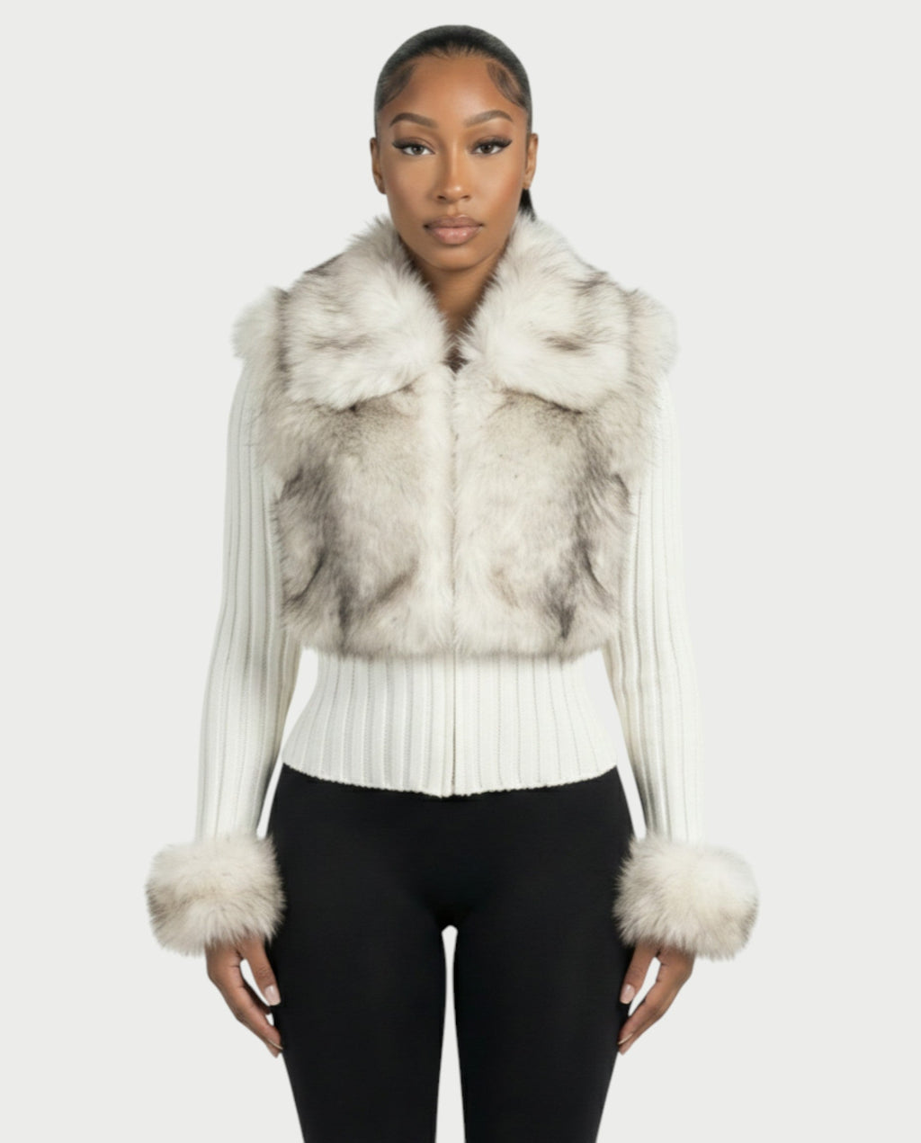 TRINAYA Faux Fur Trim Ribbed Knit Jumper
