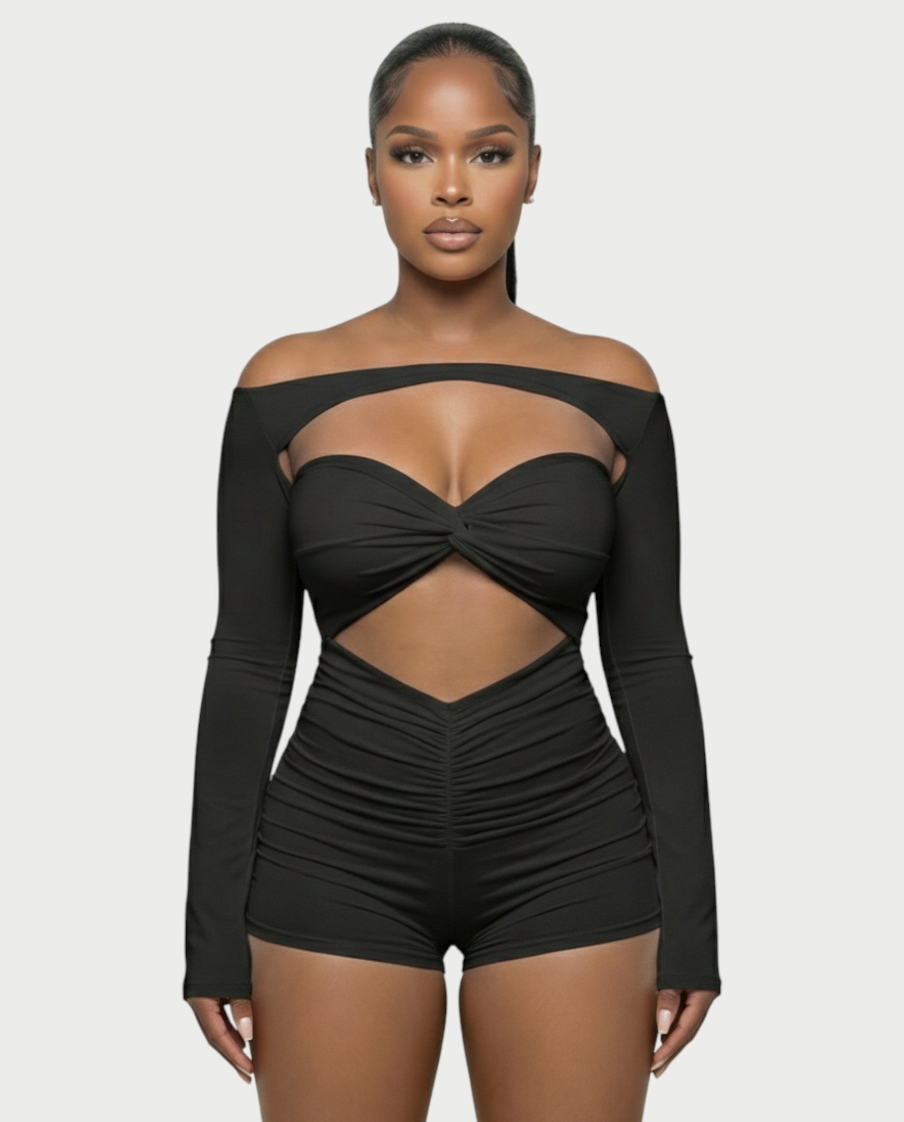 ESMERIA Off-Shoulder Cutout Ruched Romper