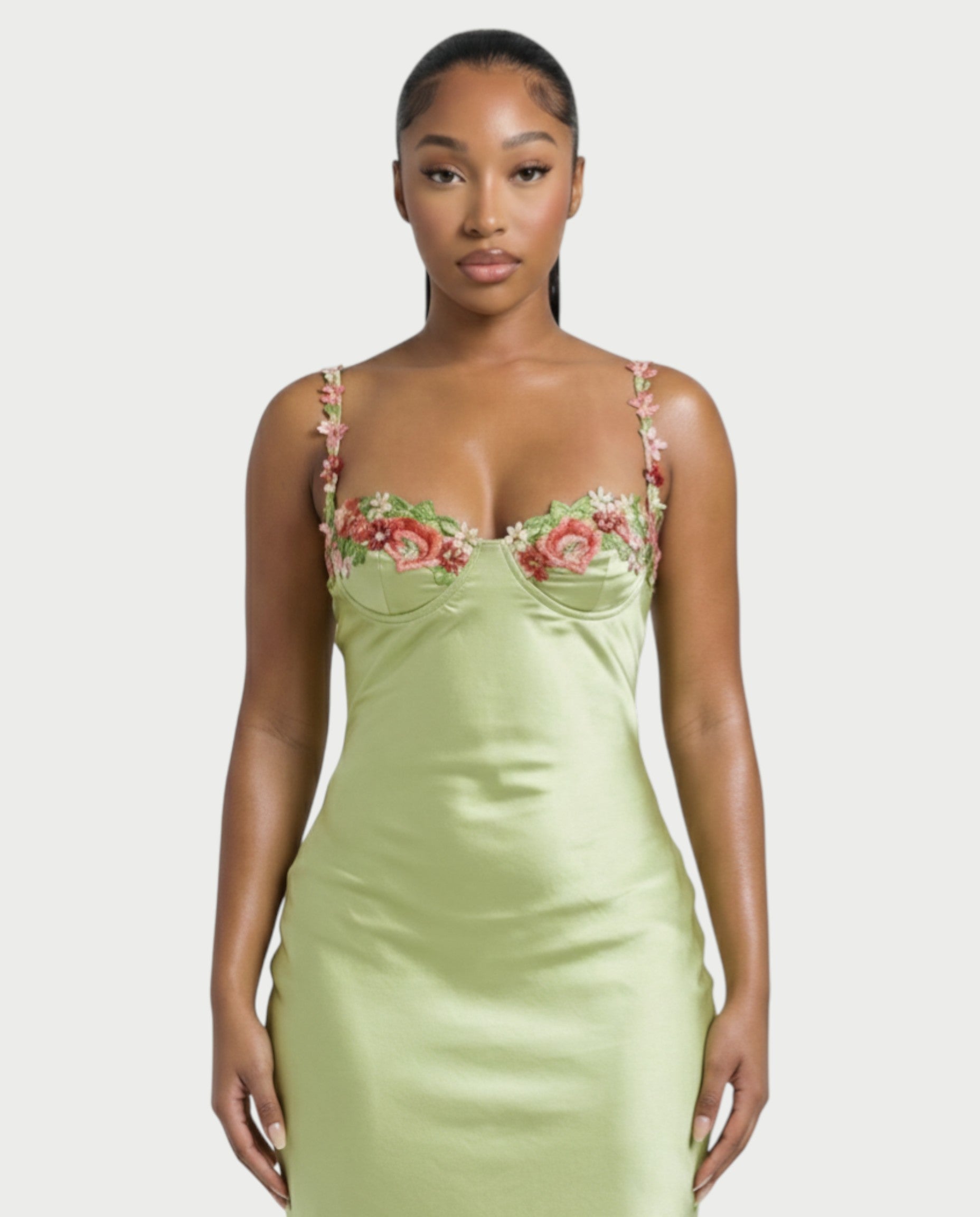 HARRIET Satin Floral Appliqué Maxi Dress
