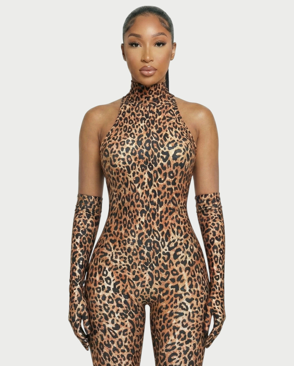 ISALINE Leopard Print High Neck Jumpsuit & Gloves Set