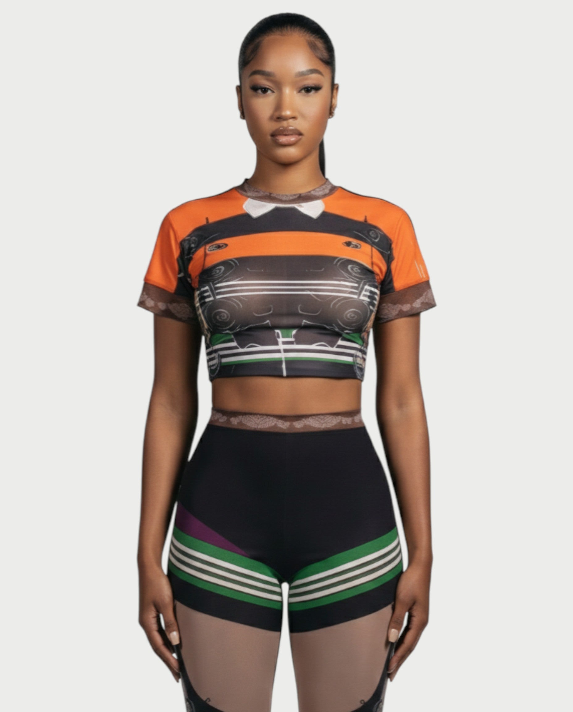 ASHLYN Printed Mesh Crop Top & Pants Set