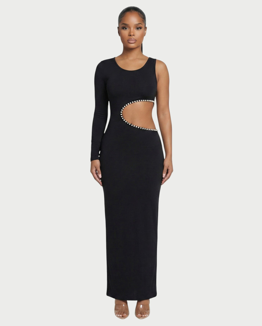 BELLIA One Sleeve Pearl Cut-Out Maxi Dress
