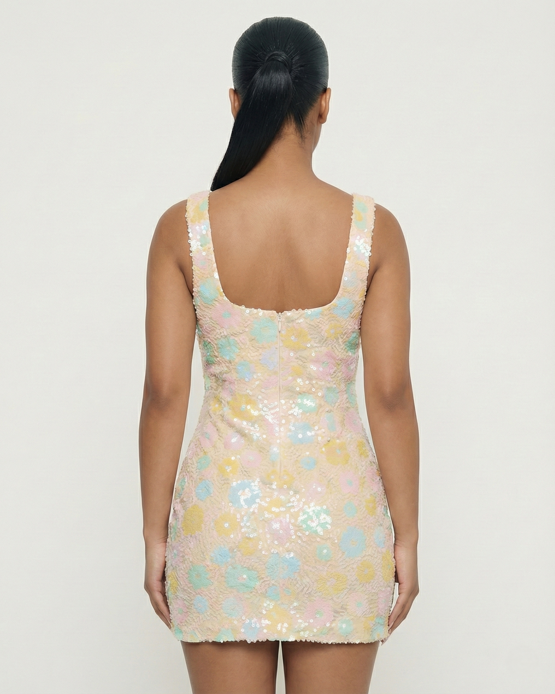 LEVARA Pastel Sequin Floral Bodycon Mini Dress