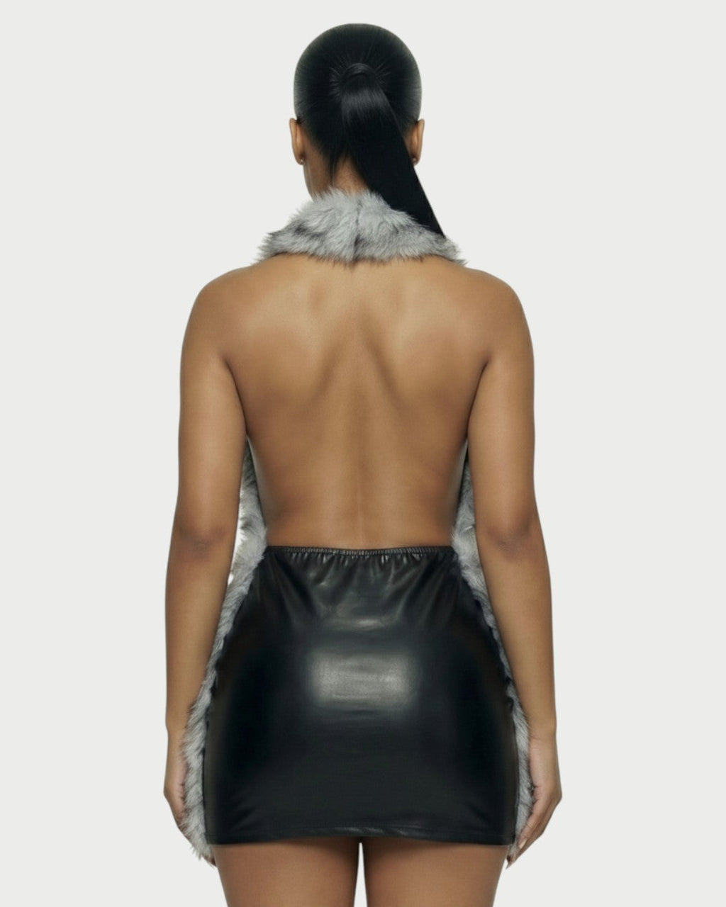 GIVELLE Faux Fur Trim Leather Mini Dress