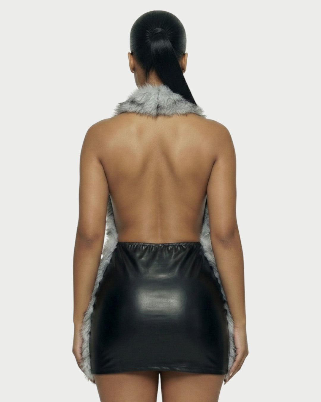 GIVELLE Faux Fur Trim Leather Mini Dress