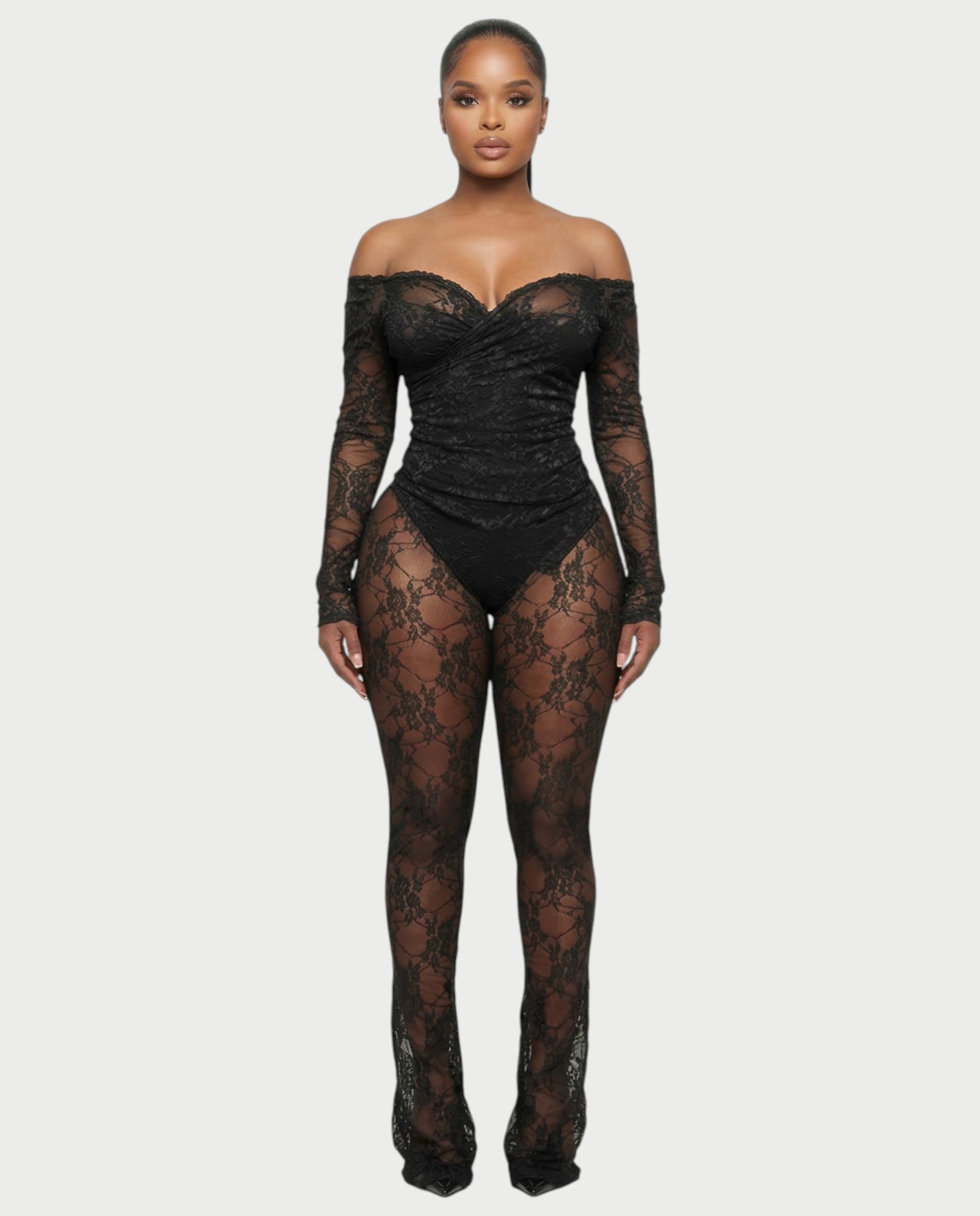 RAMILA Off-Shoulder Sheer Lace Top & Flared Pants Set