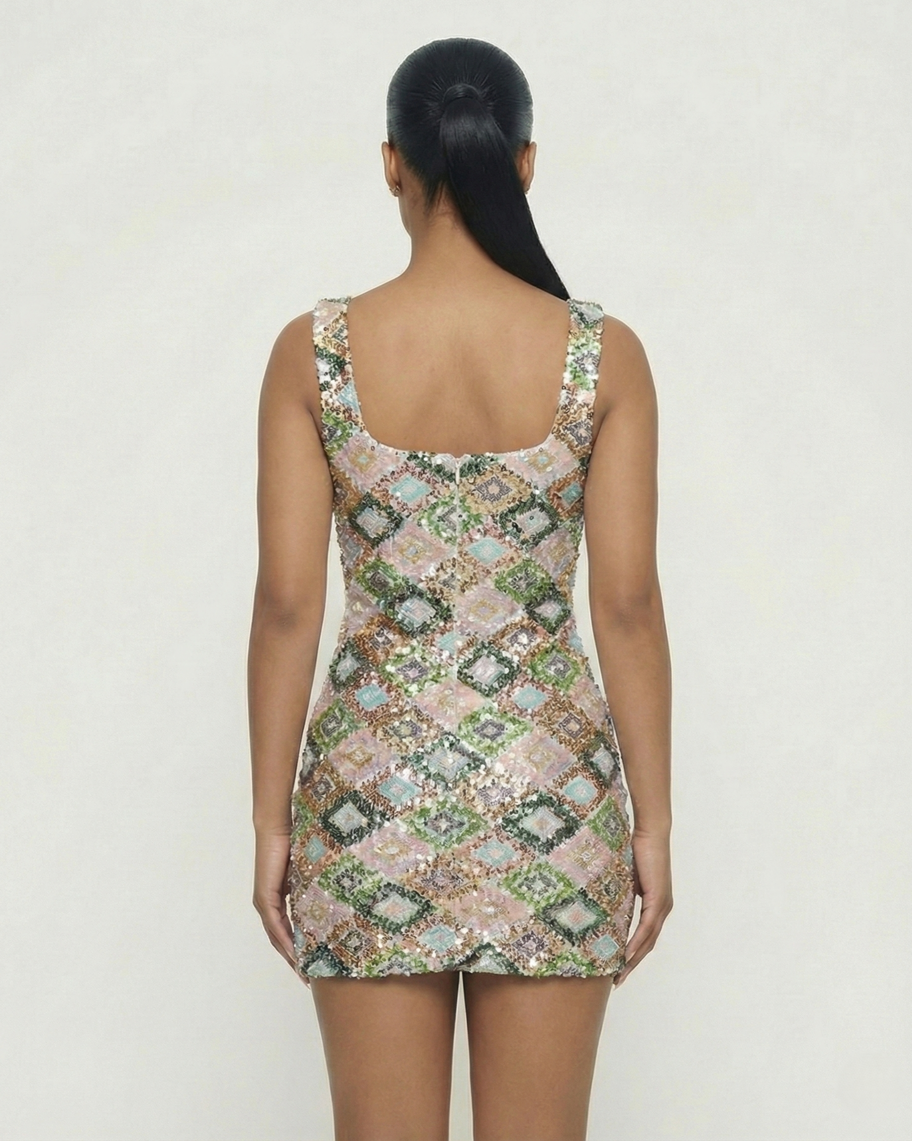 EVARA Geometric Sequin Slit Mini Dress