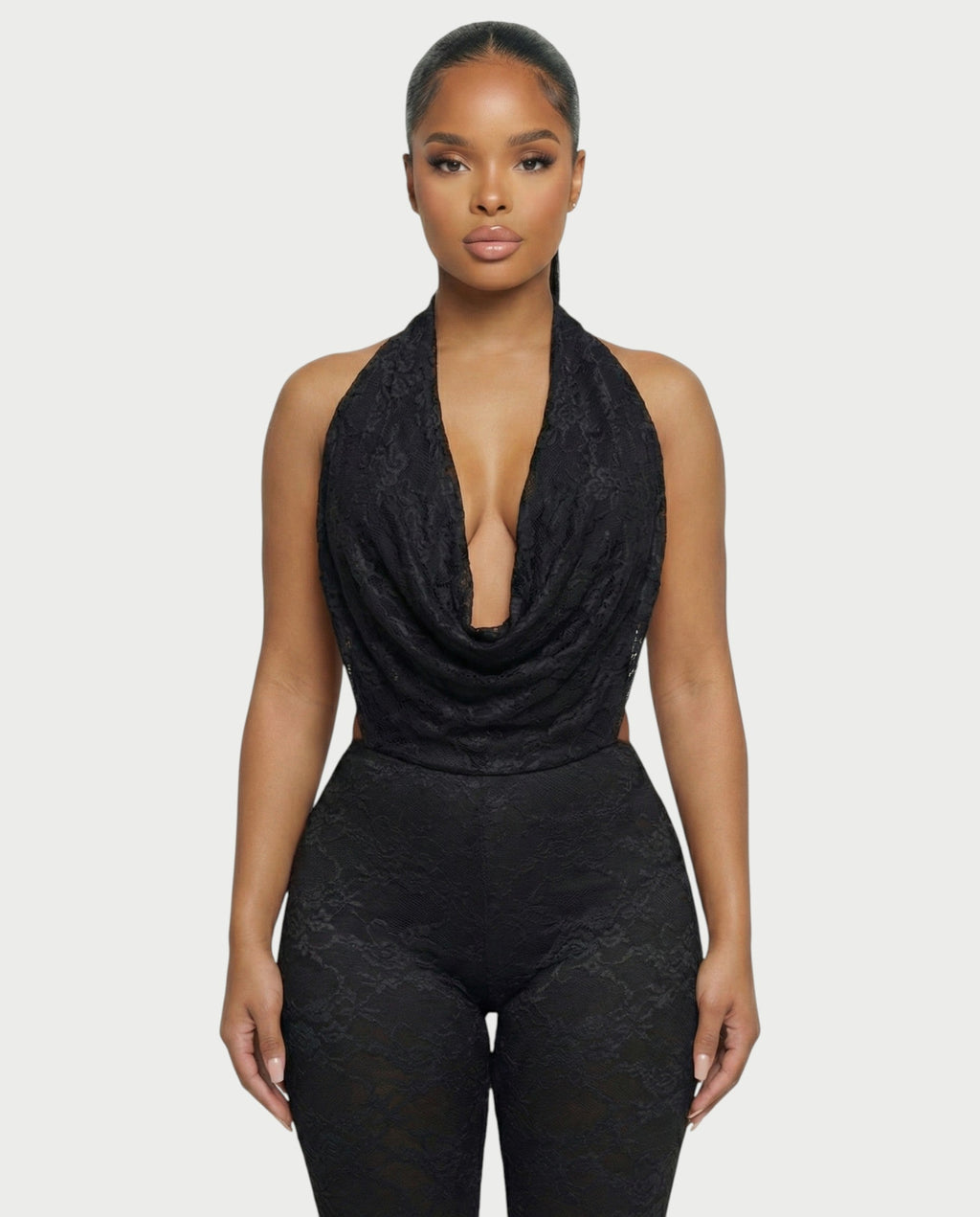 KATRINA Cowl Neck Lace Jumpsuit