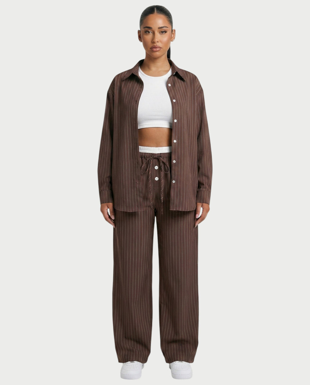 KIYARA Striped Long-sleeved Oversized Shirt & Button Pant Set