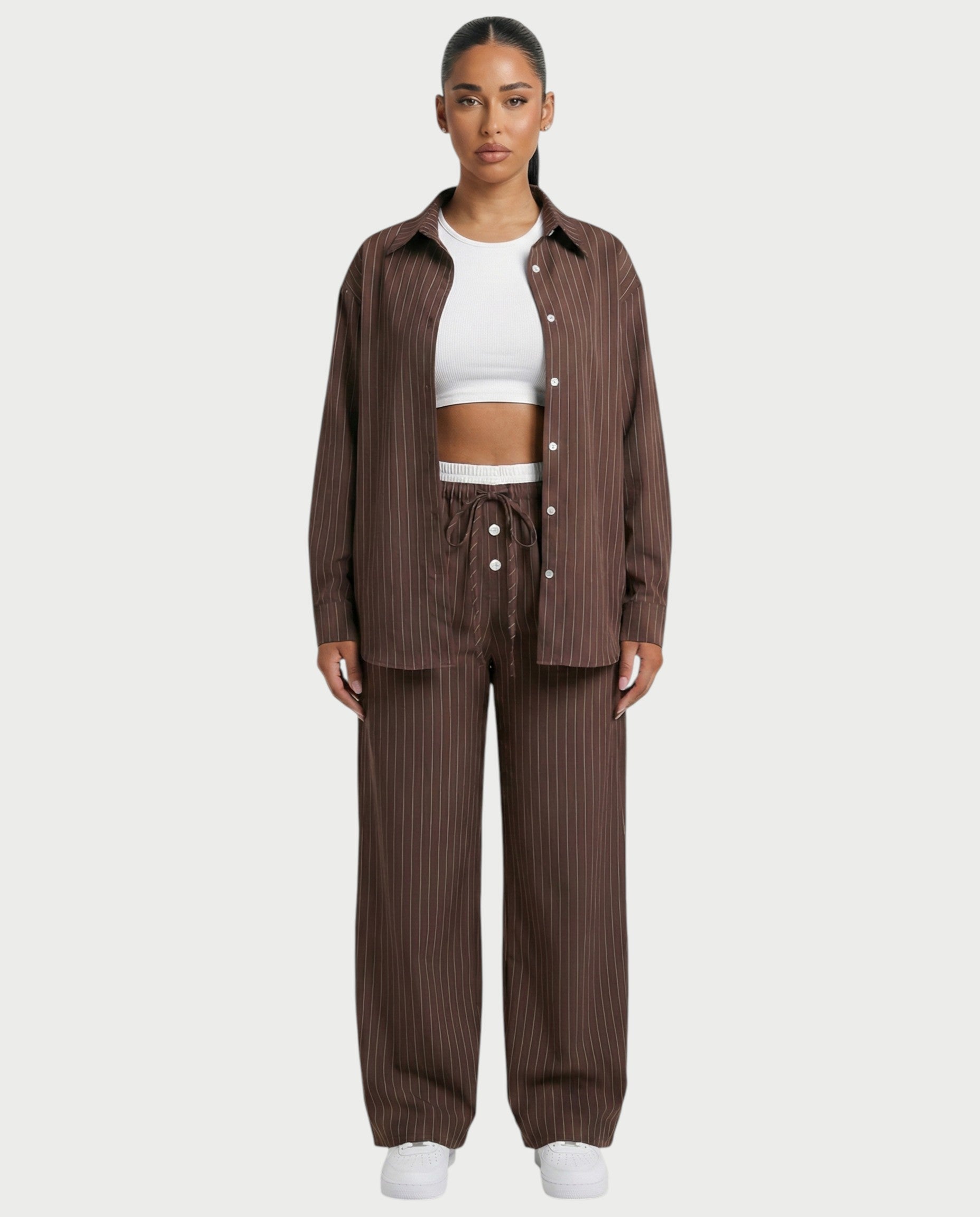 KIYARA Striped Long-sleeved Oversized Shirt & Button Pant Set
