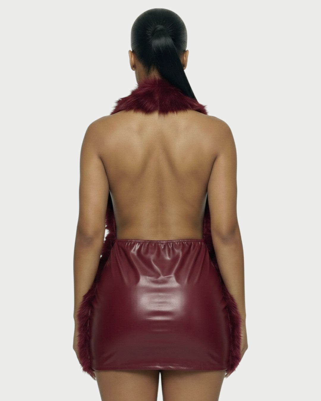 GIVELLE Faux Fur Trim Leather Mini Dress