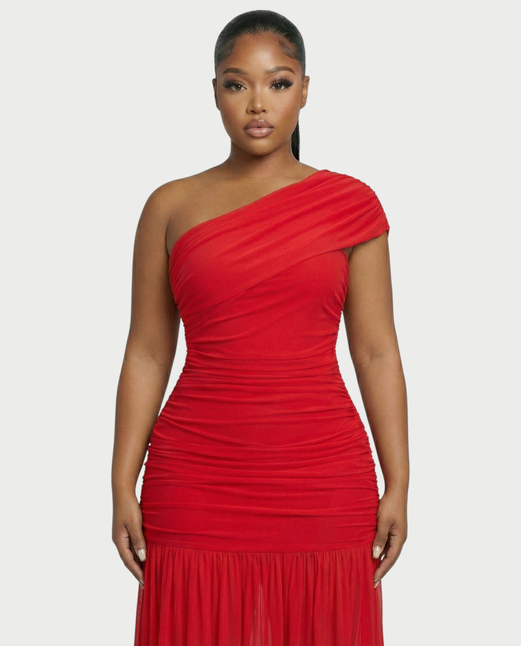 VAREN One-Shoulder Ruched Mesh Maxi Dress
