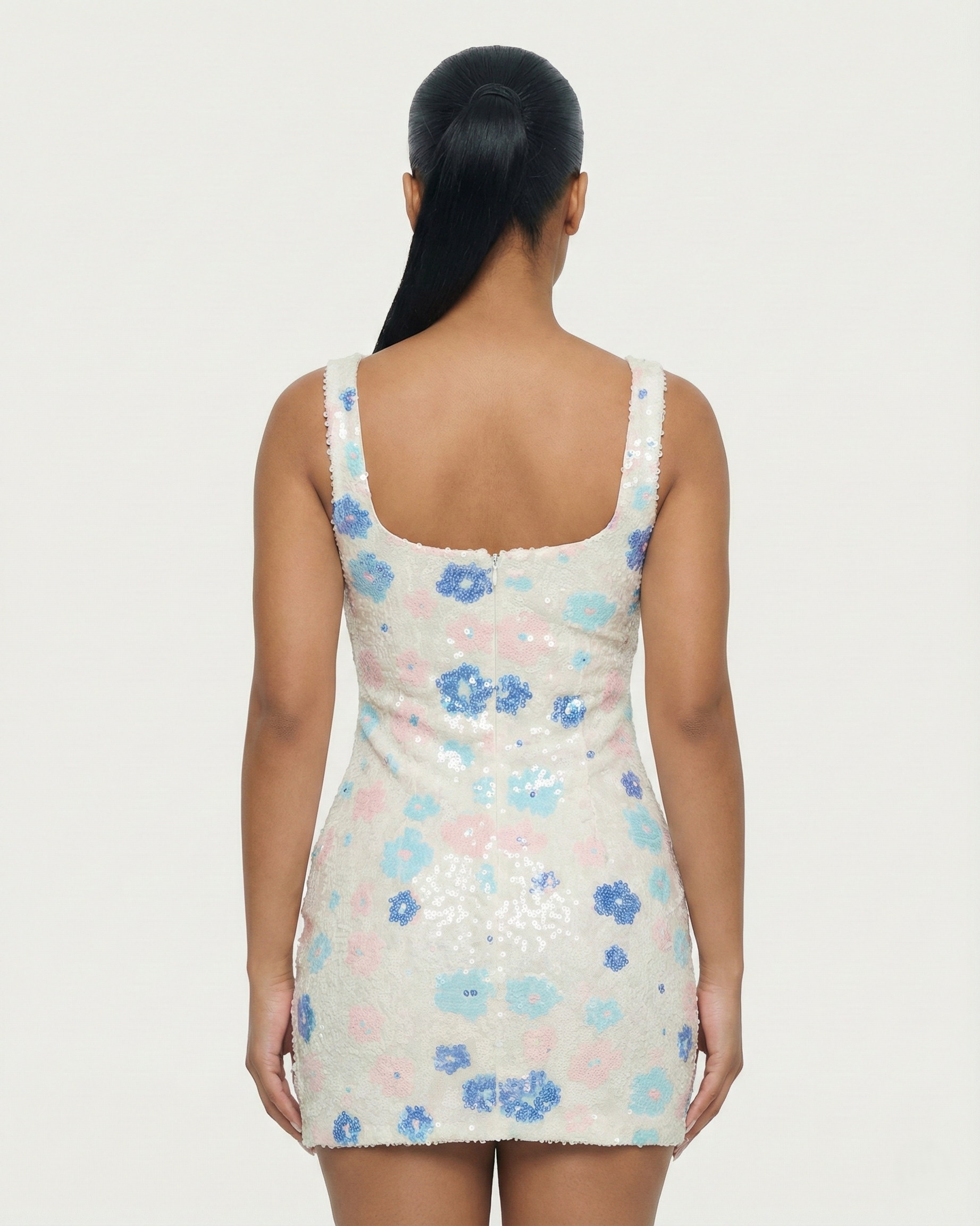 EVYRA Floral Print Sequin Slit Mini Dress