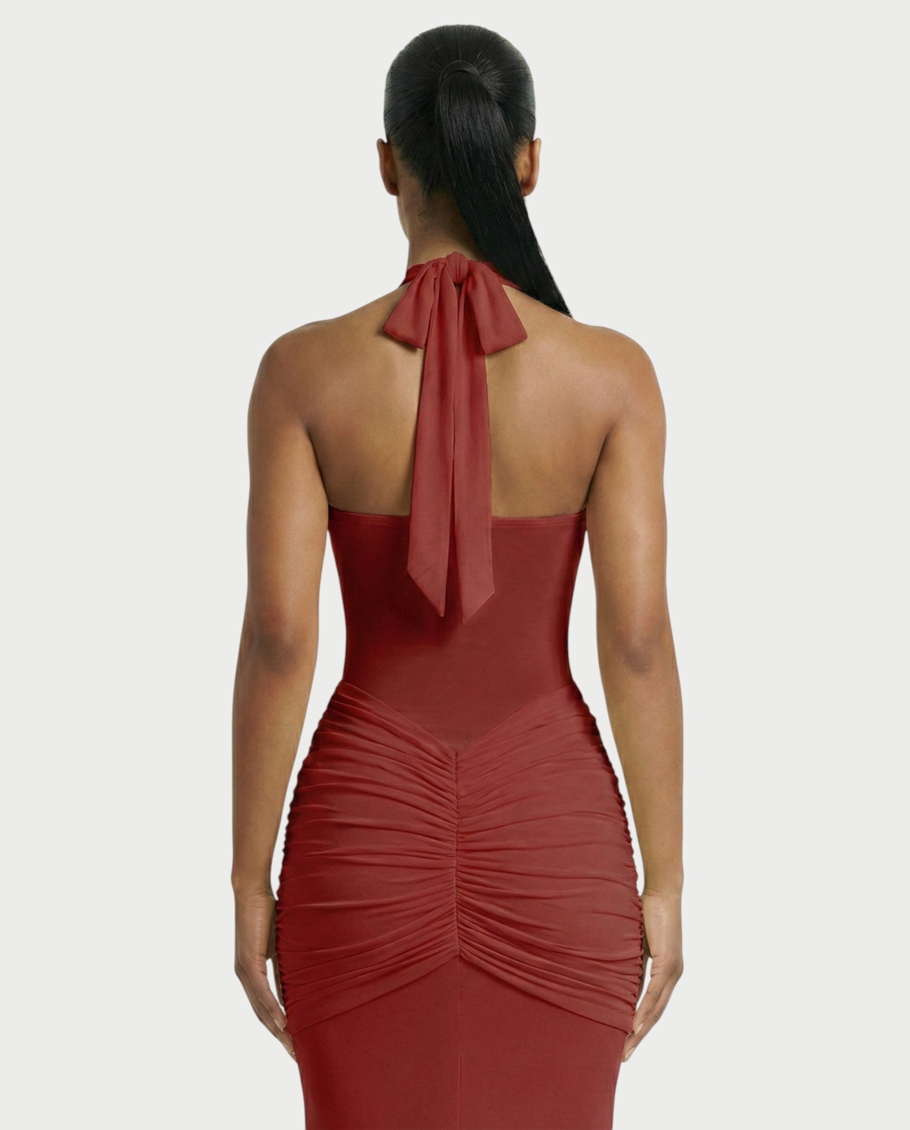 ALLEYA Halterneck Ruched Mesh Panel Maxi Dress