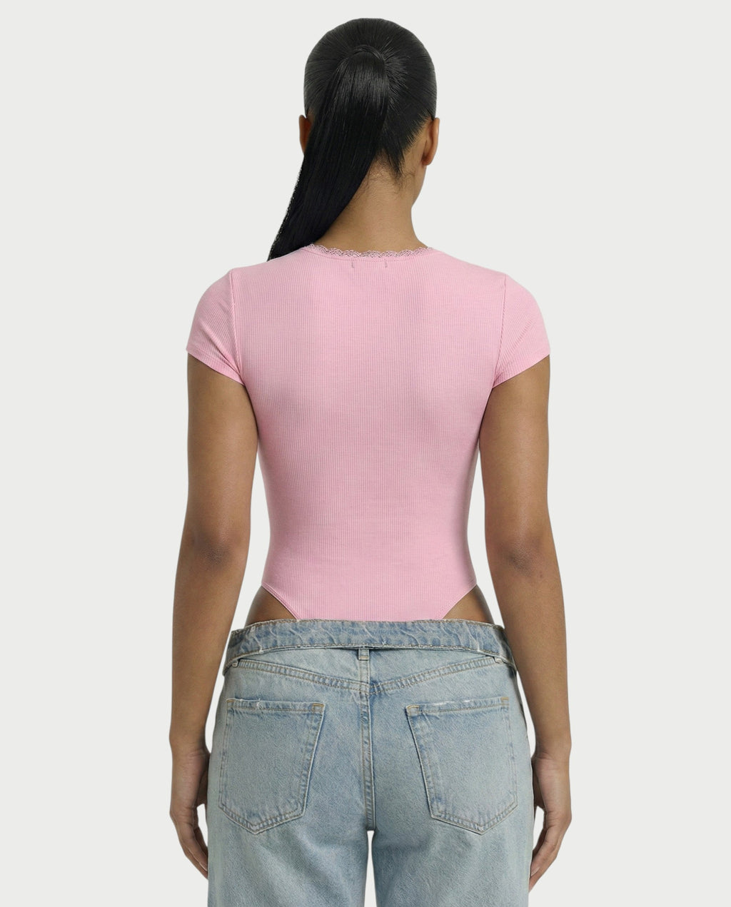 Ribbed Lace-Trim Square Neck Bodysuit