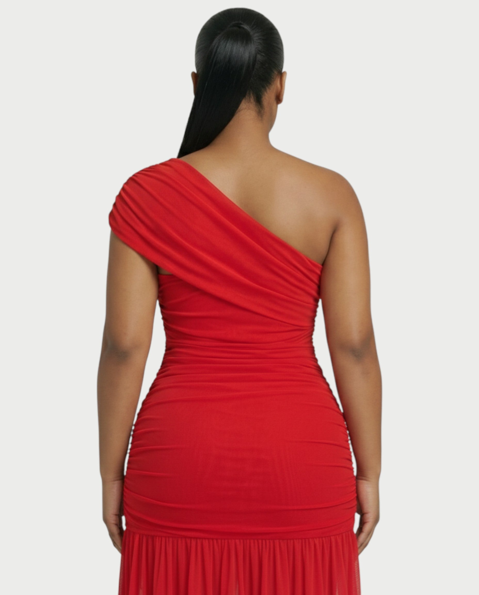 VAREN One-Shoulder Ruched Mesh Maxi Dress