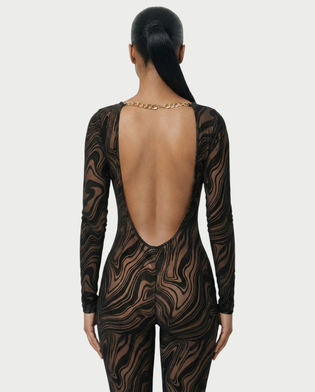 ZEFIRA Sheer Swirl Mesh Bodycon Jumpsuit