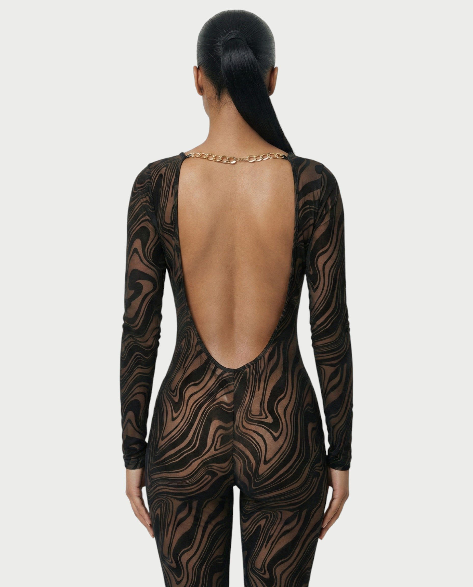 ZEFIRA Sheer Swirl Mesh Bodycon Jumpsuit