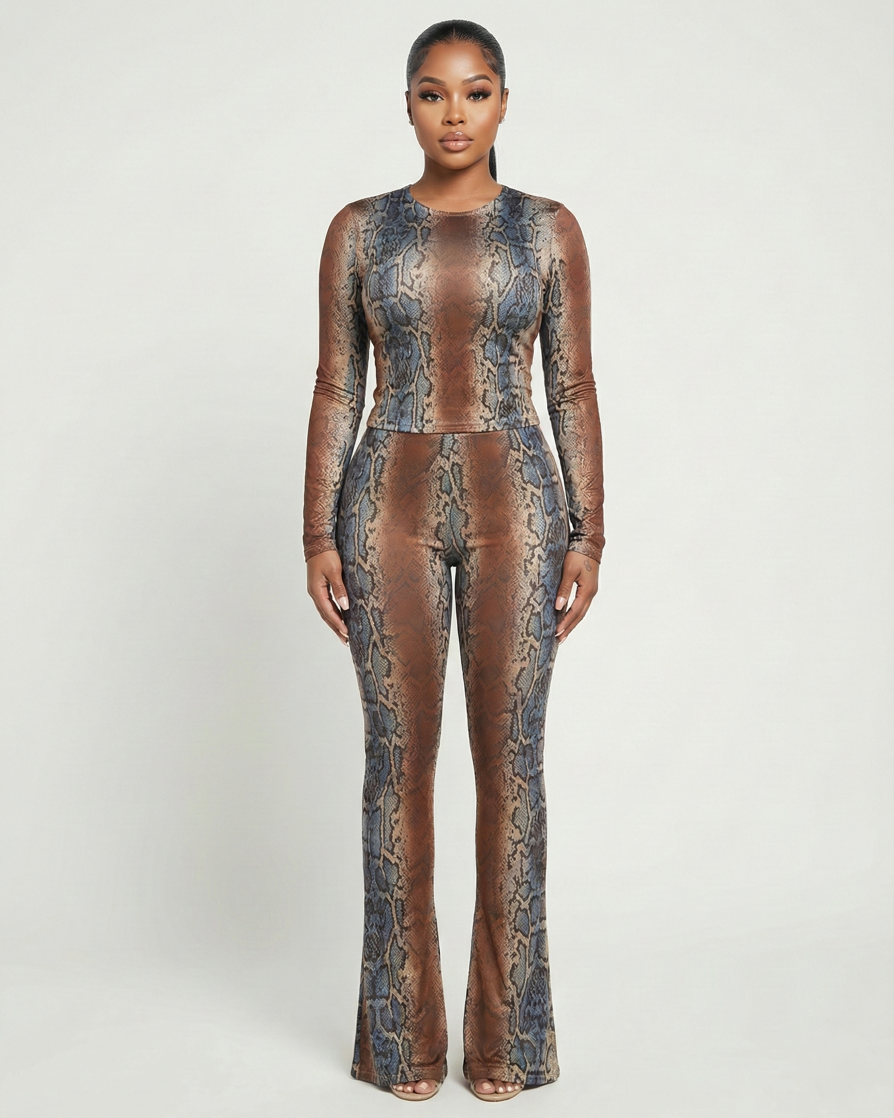 MONET Snake Print Top & Flare Pants Set