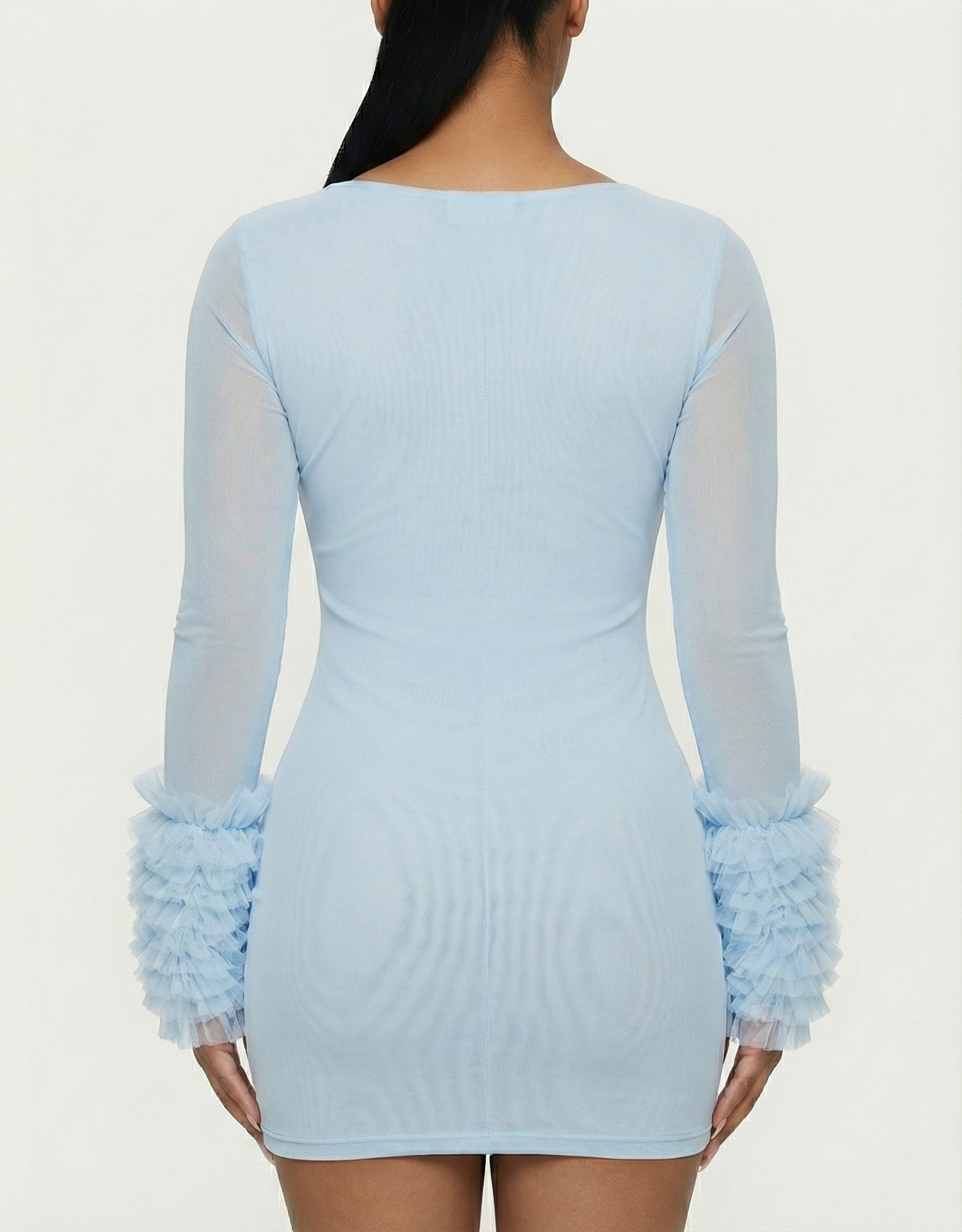 GALIENA Sheer Mesh Cutout Chiffon Cuffs Mini Dress